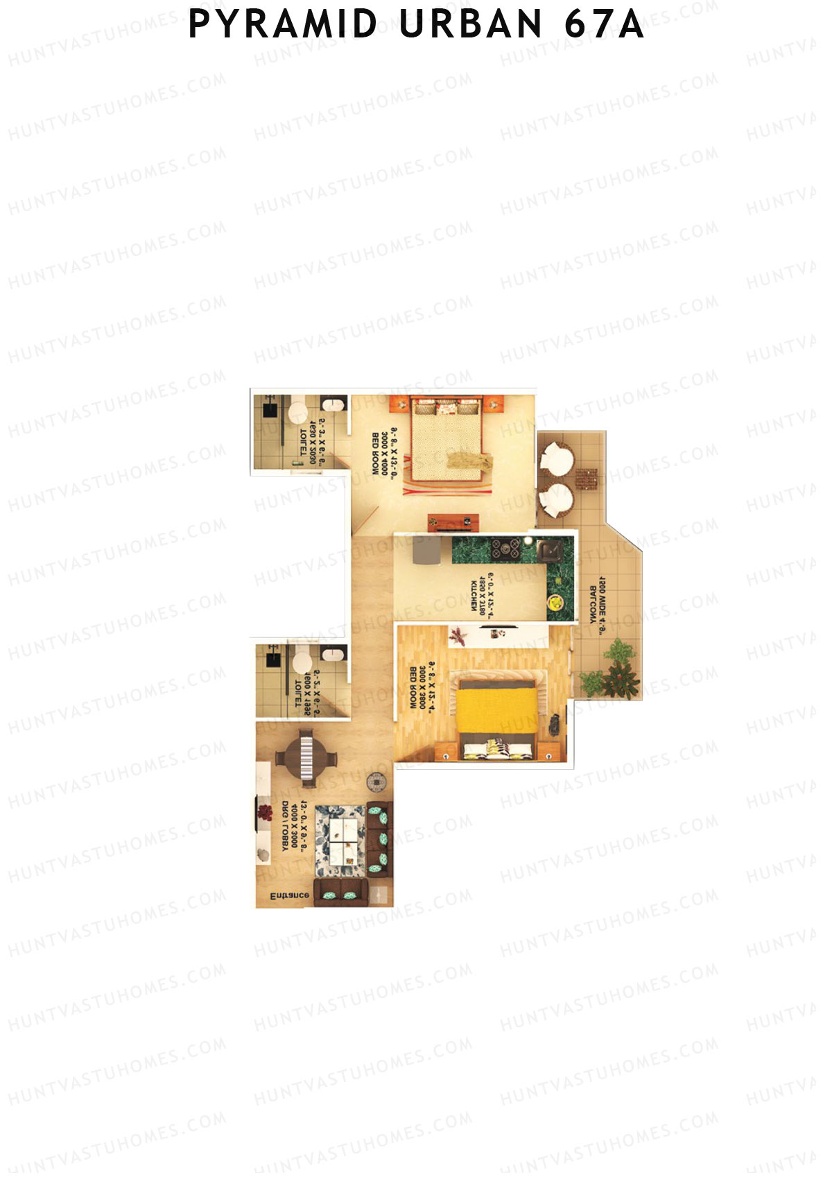Pyramid Urban 67A, Tower 2, Unit 2 (Type A), 2BHK, Carpet Area 591   sq ft 