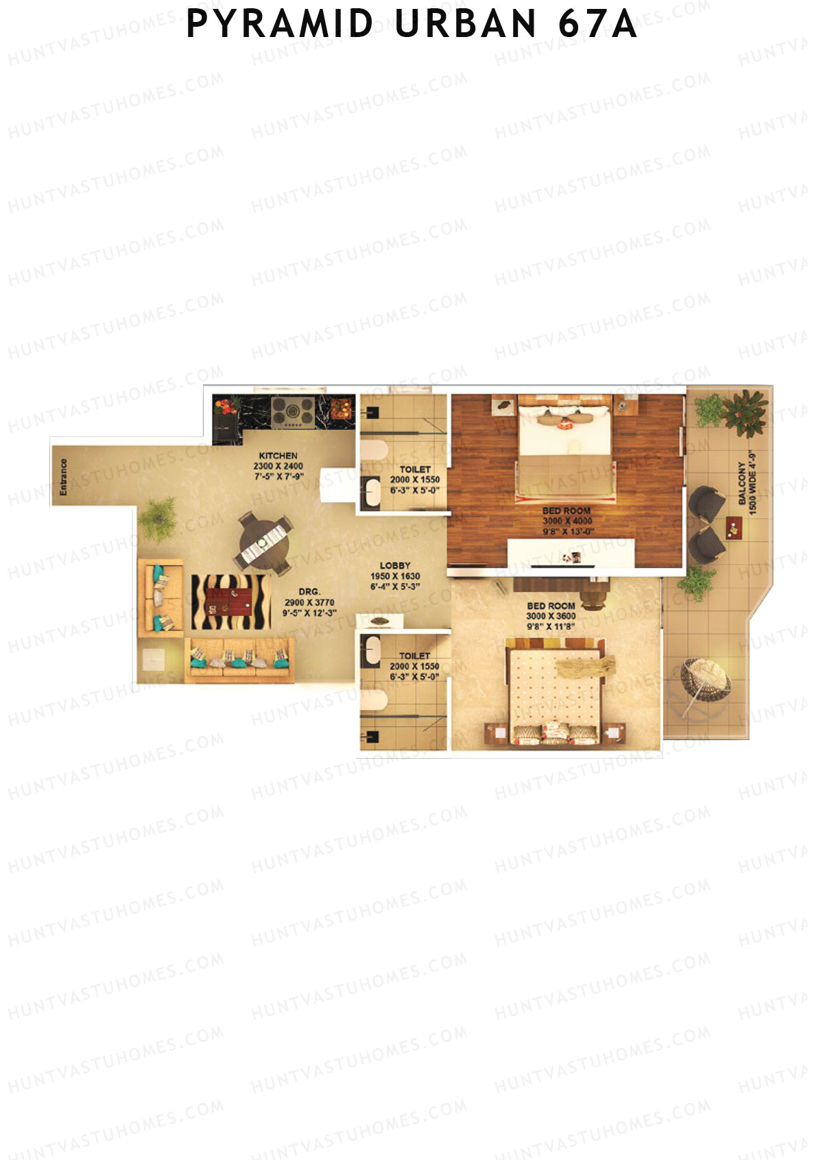 Pyramid Urban 67A, Tower 2, Unit 4 (Type B), 2BHK, Carpet Area 580   sq ft 