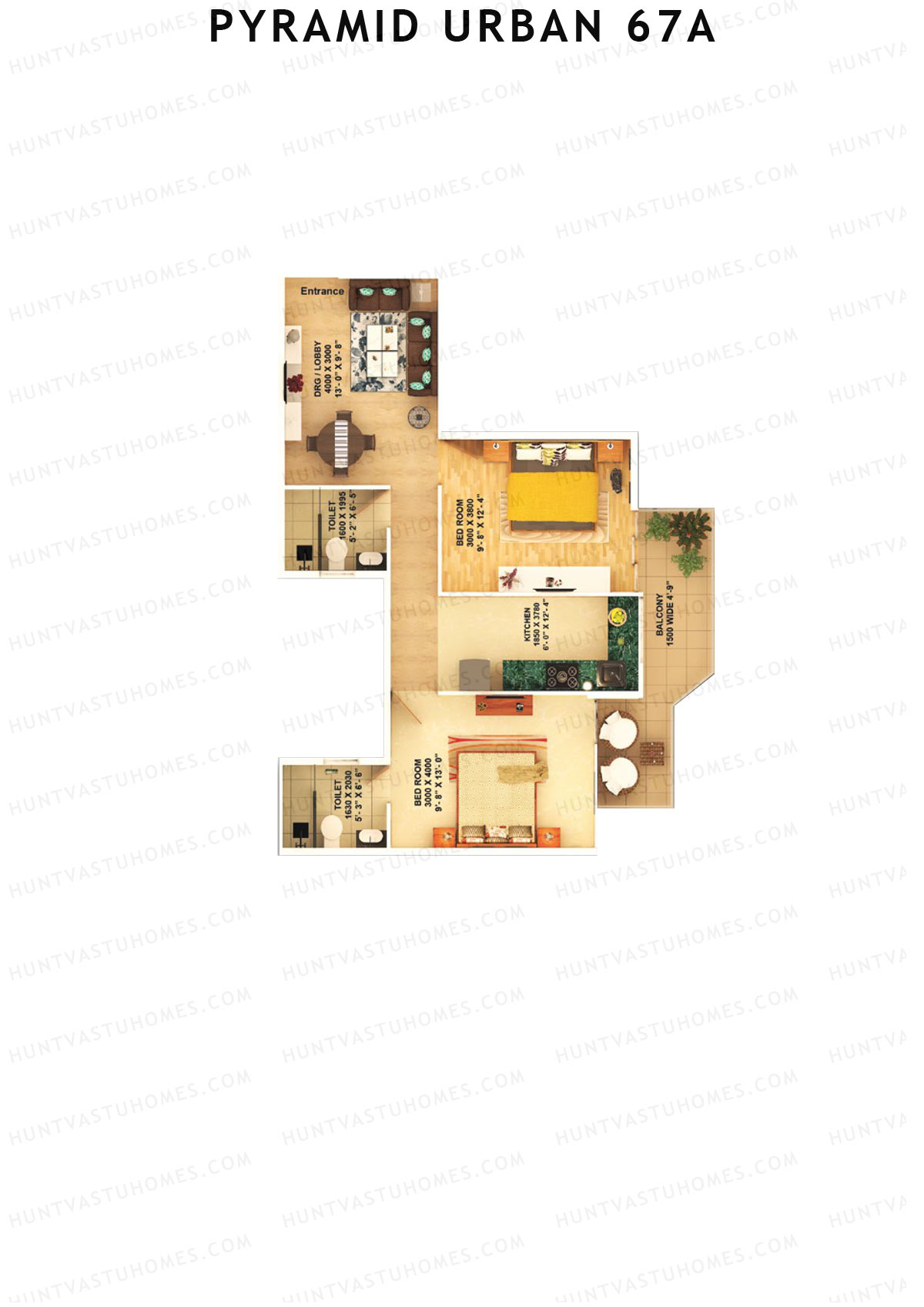 Pyramid Urban 67A, Tower 2, Unit 5 (Type A), 2BHK, Carpet Area 591   sq ft 