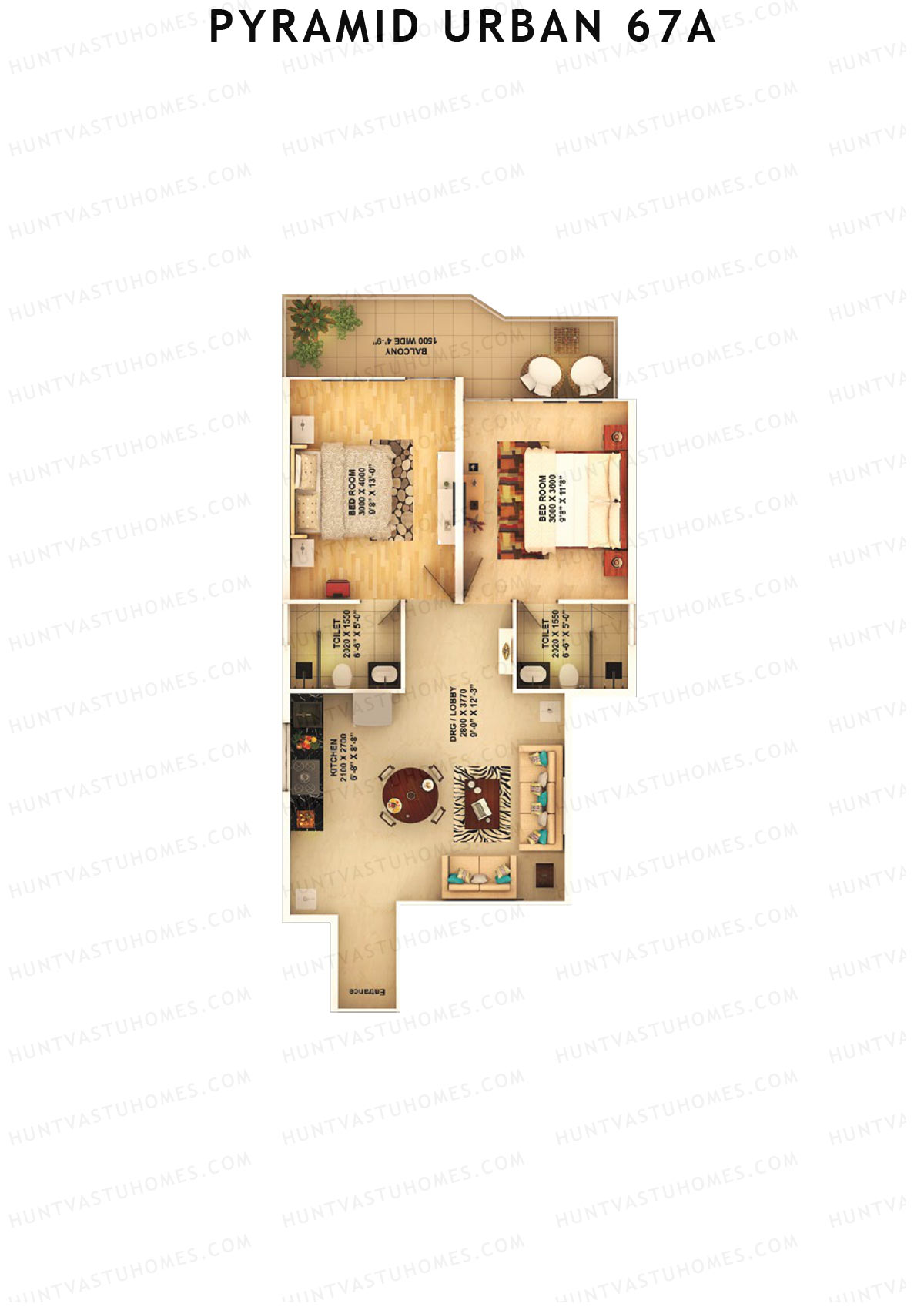 Pyramid Urban 67A, Tower 4, Unit 4 (Type D), 2BHK, Carpet Area 598   sq ft 