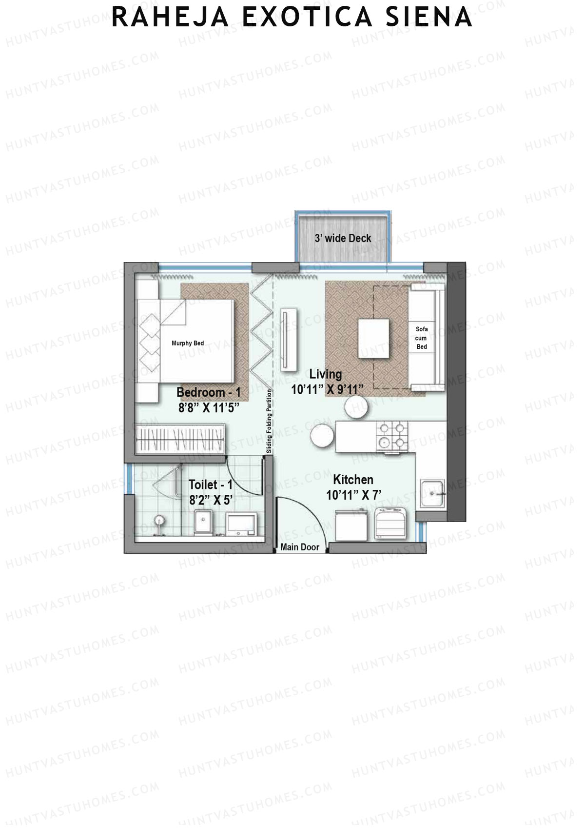 Raheja Exotica Siena, Siena, Unit 1, 1BHK, Super Area 349   sq ft 