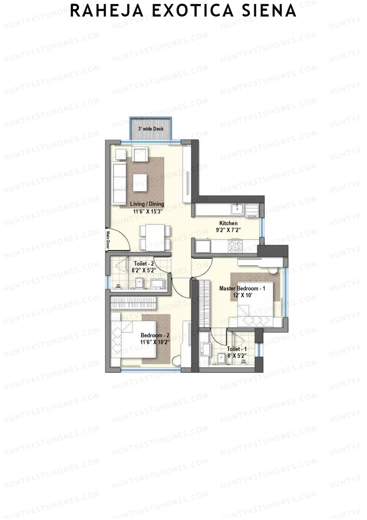 Raheja Exotica Siena, Siena, Unit 3, 2BHK, Super Area 640   sq ft 