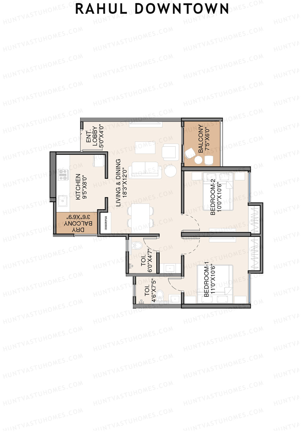 Rahul Downtown, Tower E, Unit 2, 2BHK, Super Area 751   sq ft 