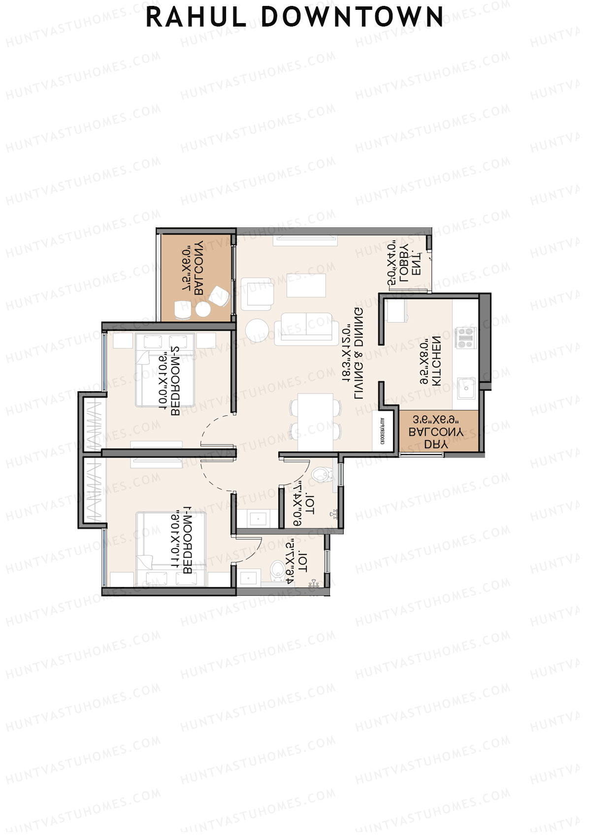 Rahul Downtown, Tower E, Unit 5, 2BHK, Super Area 751   sq ft 