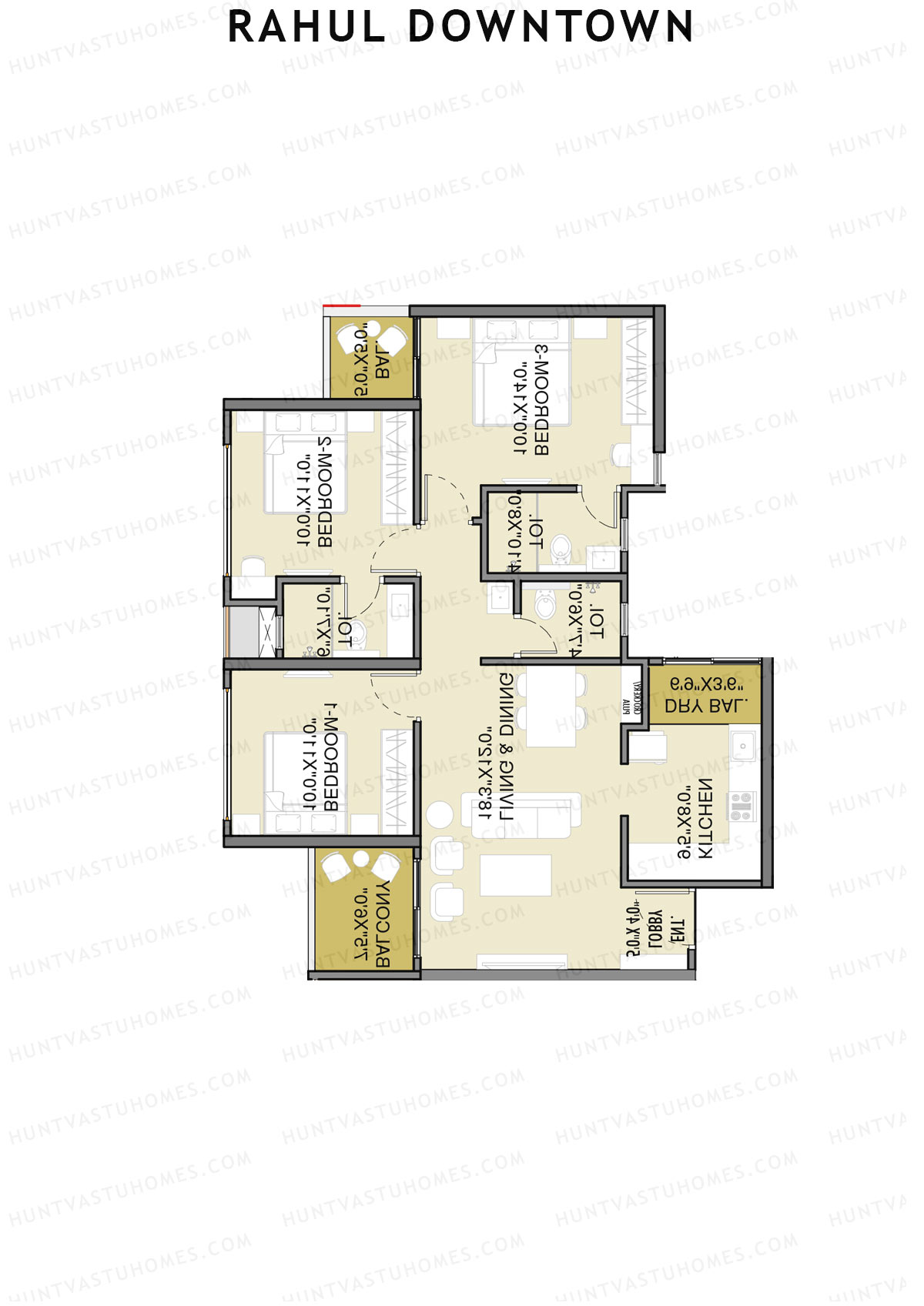 Rahul Downtown, Tower E, Unit 6, 3BHK, Super Area 979   sq ft 