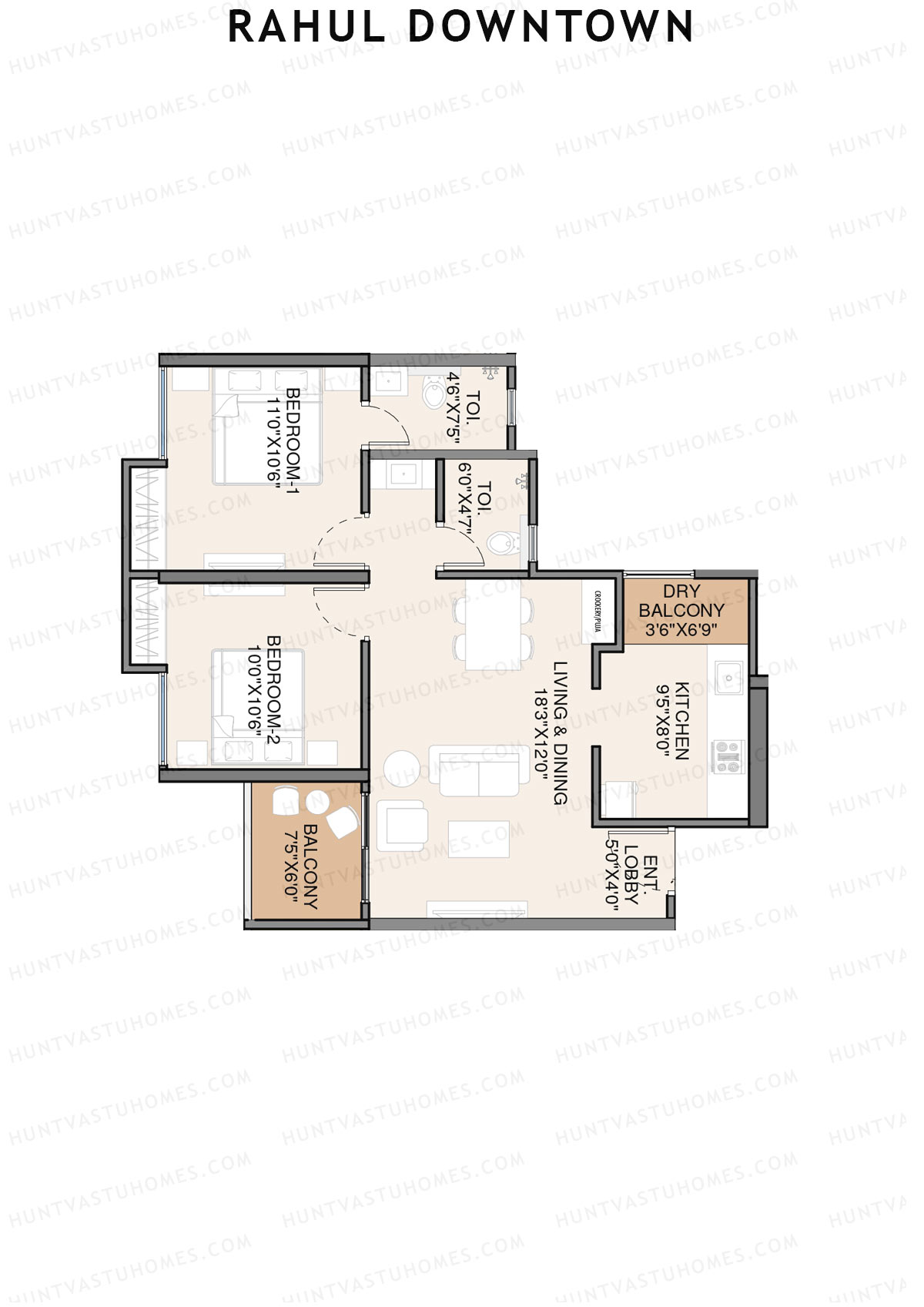 Rahul Downtown, Tower F, Unit 6, 2BHK, Super Area 751   sq ft 