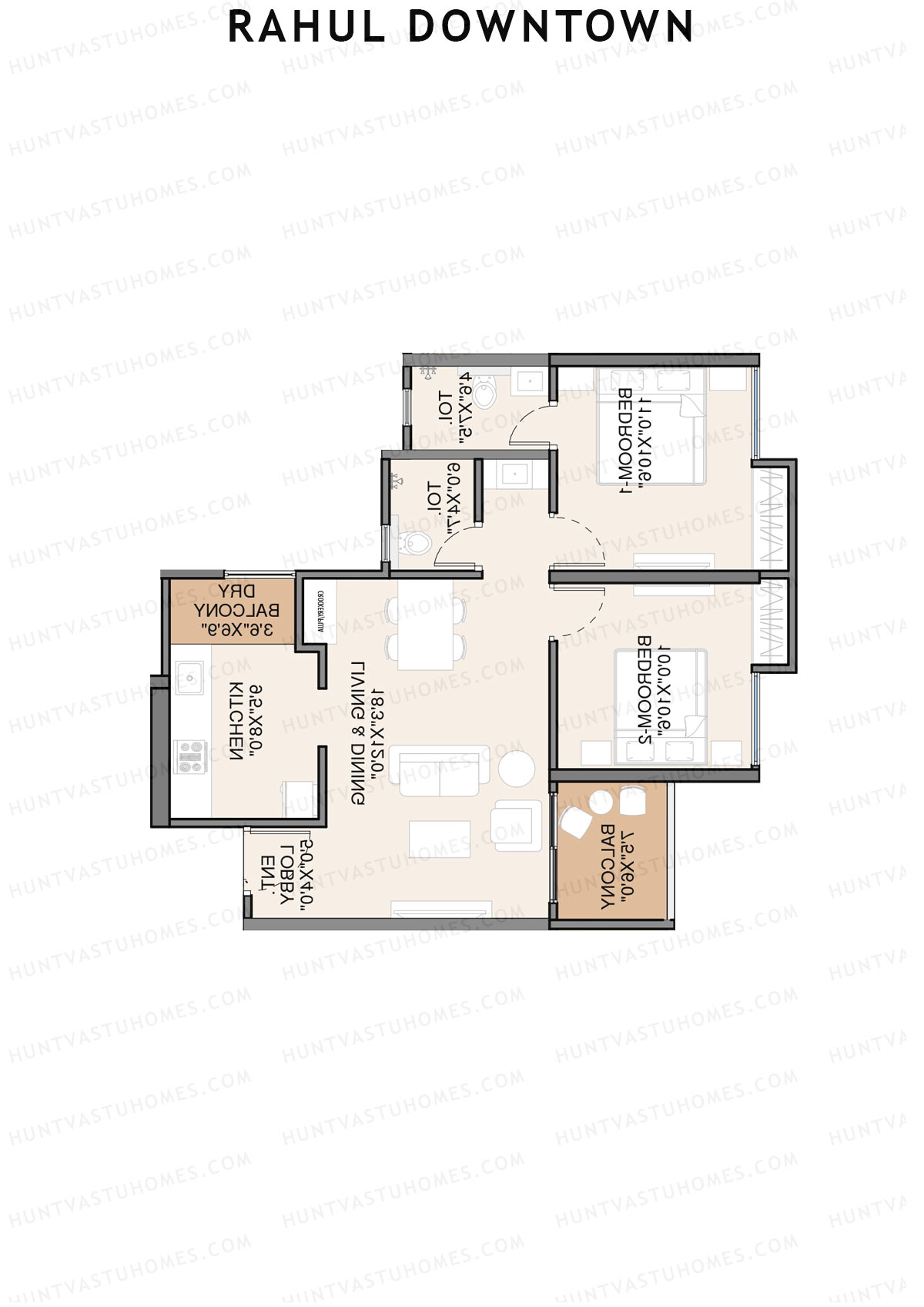 Rahul Downtown, Tower F, Unit 7, 2BHK, Super Area 751   sq ft 
