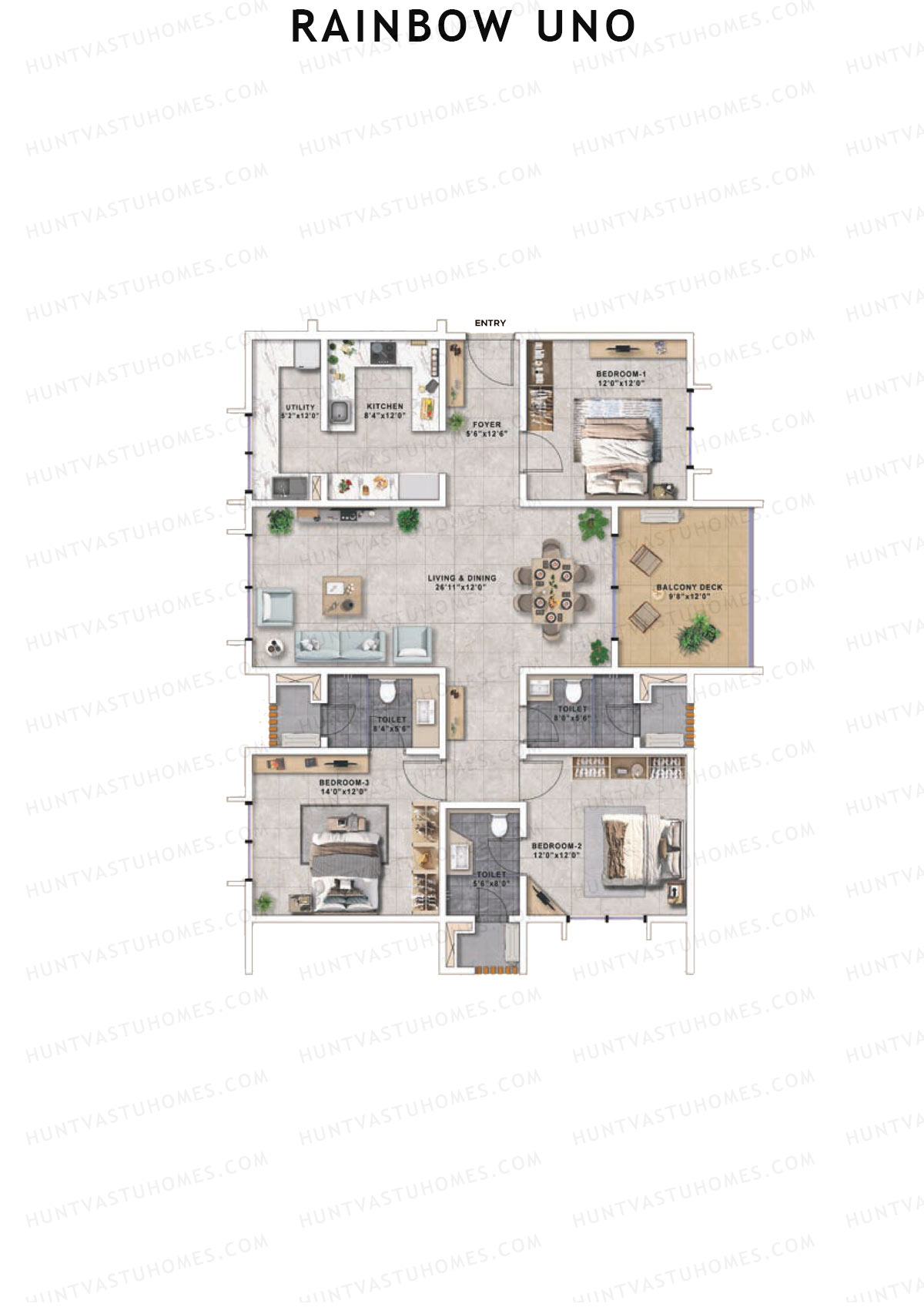 Rainbow Uno, Tower A, Unit 5, 3BHK, Super Area 1820   sq ft 