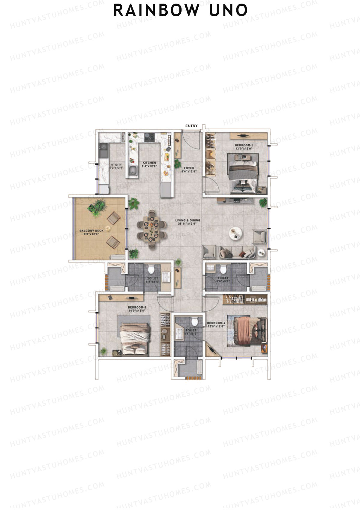 Rainbow Uno, Tower A, Unit 6, 3BHK, Super Area 1820   sq ft 