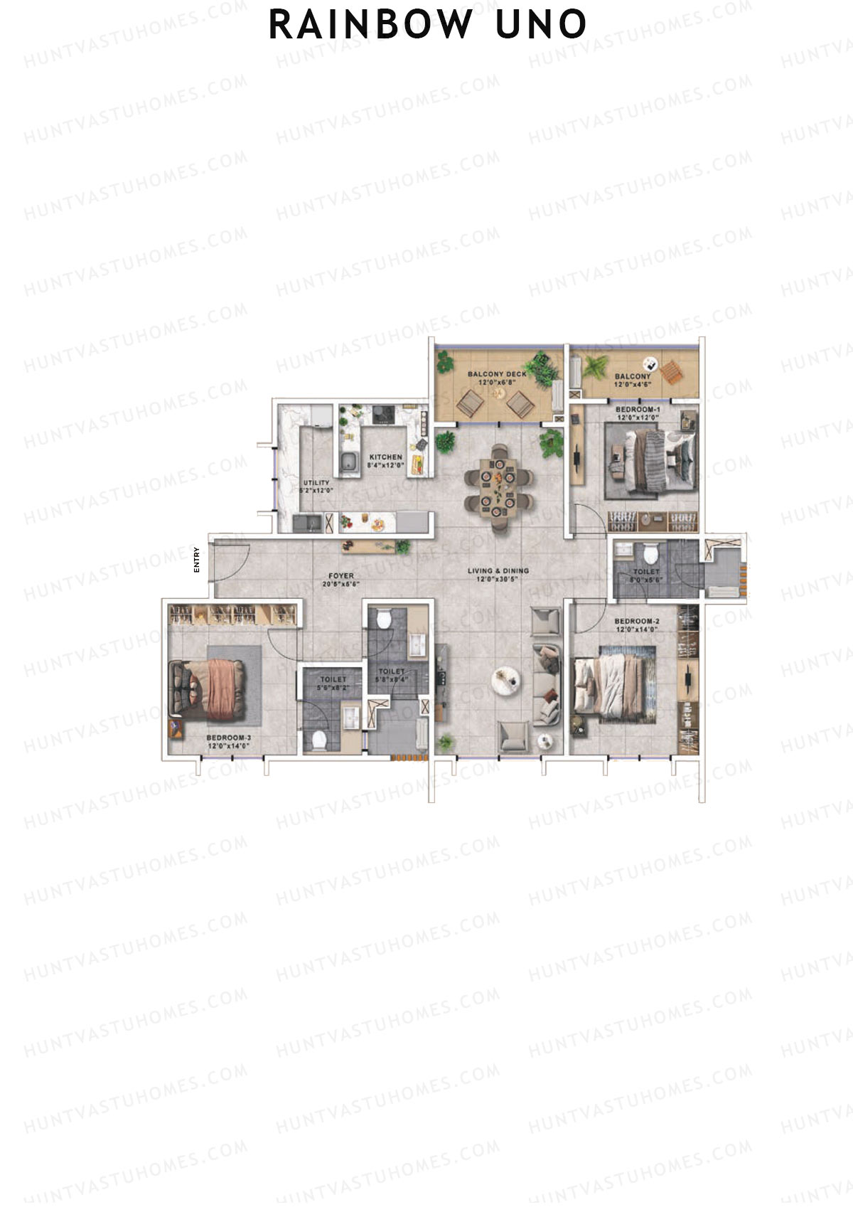 Rainbow Uno, Tower B, Unit 4, 3BHK, Super Area 2000   sq ft 