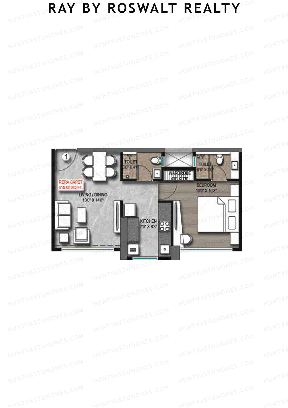 Ray by Roswalt Realty, Wing A, Unit 1, 1BHK, Carpet Area 410   sq ft 