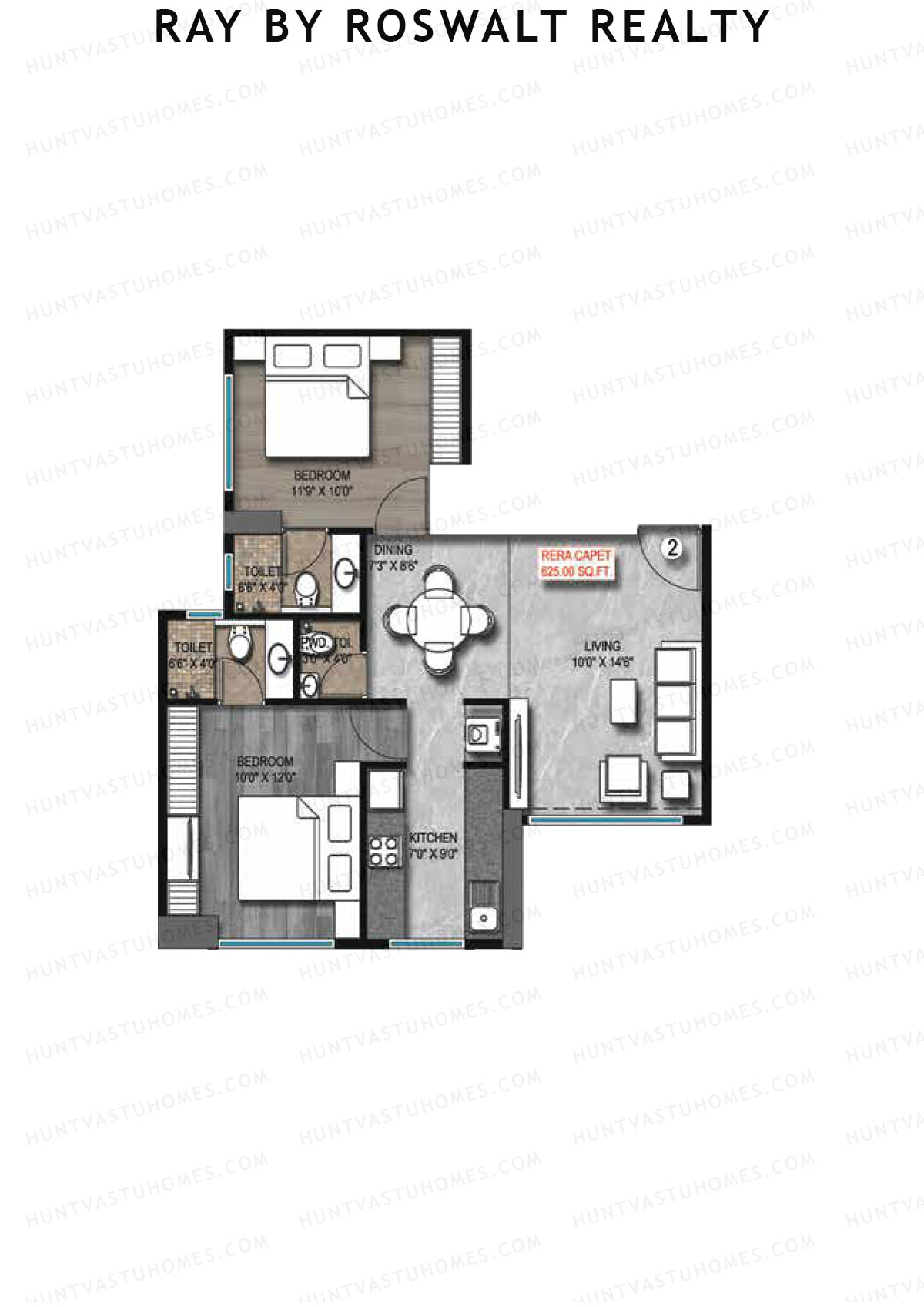 Ray by Roswalt Realty, Wing A, Unit 2, 2BHK, Carpet Area 625   sq ft 