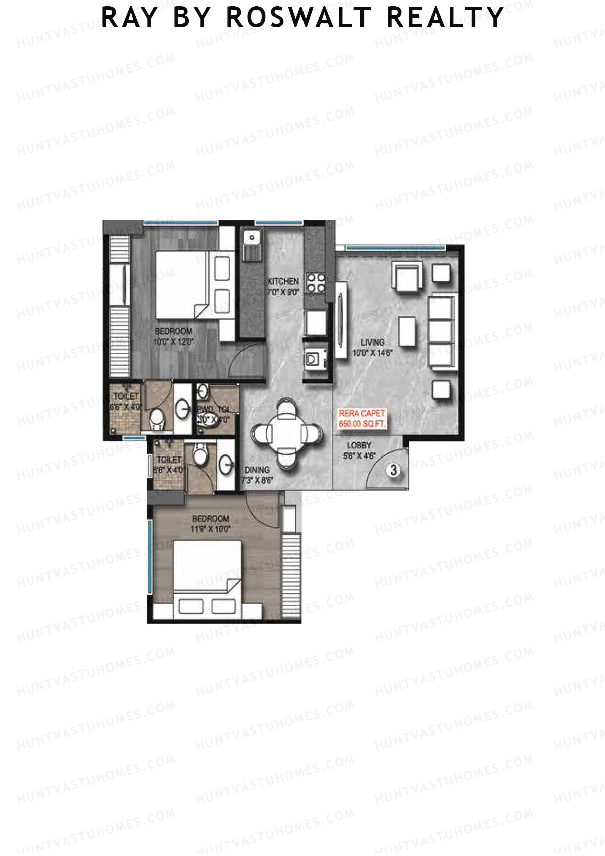 Ray by Roswalt Realty, Wing A, Unit 3, 2BHK, Carpet Area 650   sq ft 
