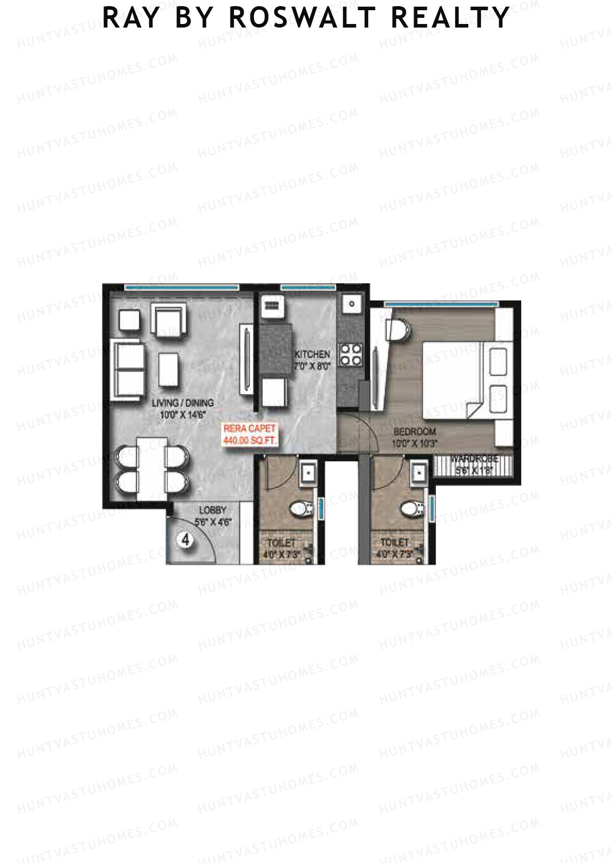 Ray by Roswalt Realty, Wing A, Unit 4, 1BHK, Carpet Area 440   sq ft 