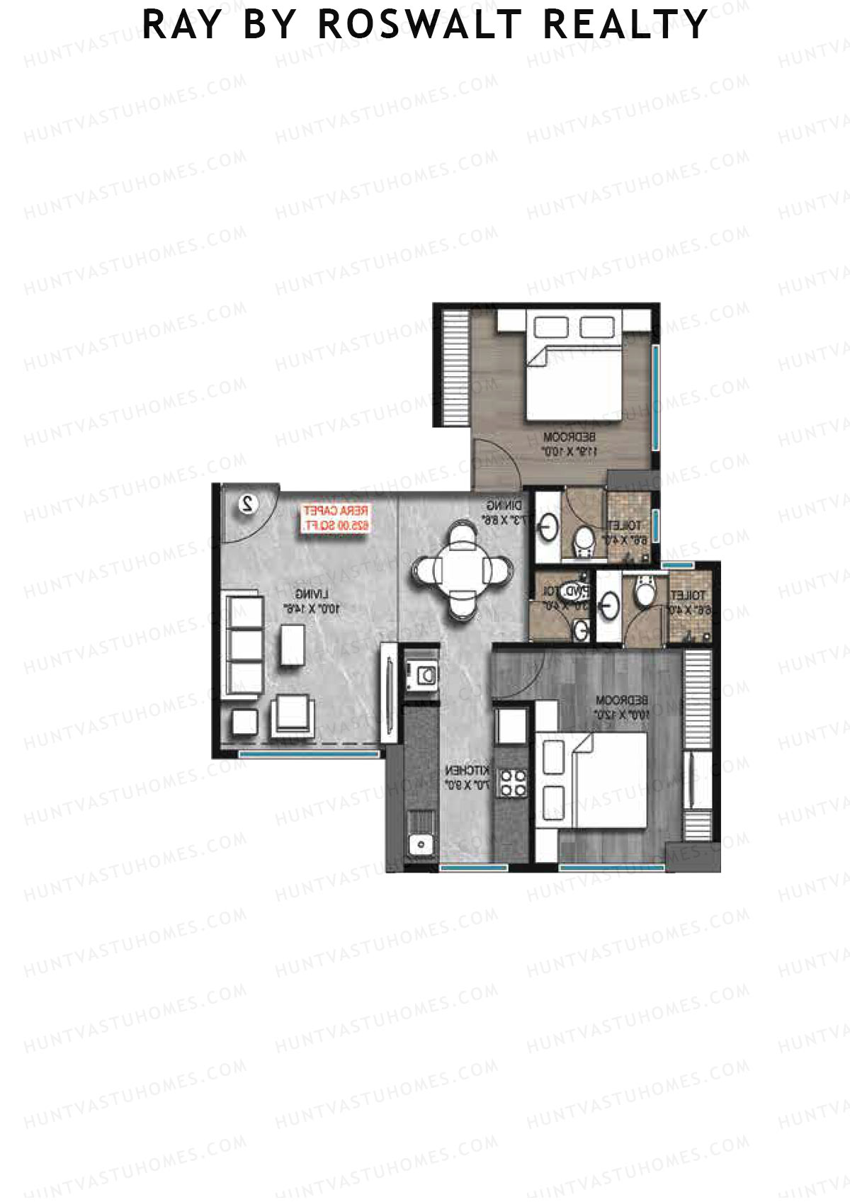 Ray by Roswalt Realty, Wing B, Unit 1, 2BHK, Carpet Area 625   sq ft 