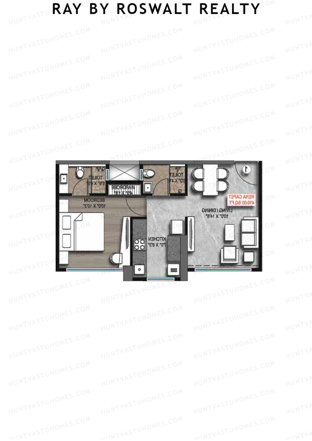 Ray by Roswalt Realty, Wing B, Unit 2, 1BHK, Carpet Area 410   sq ft 