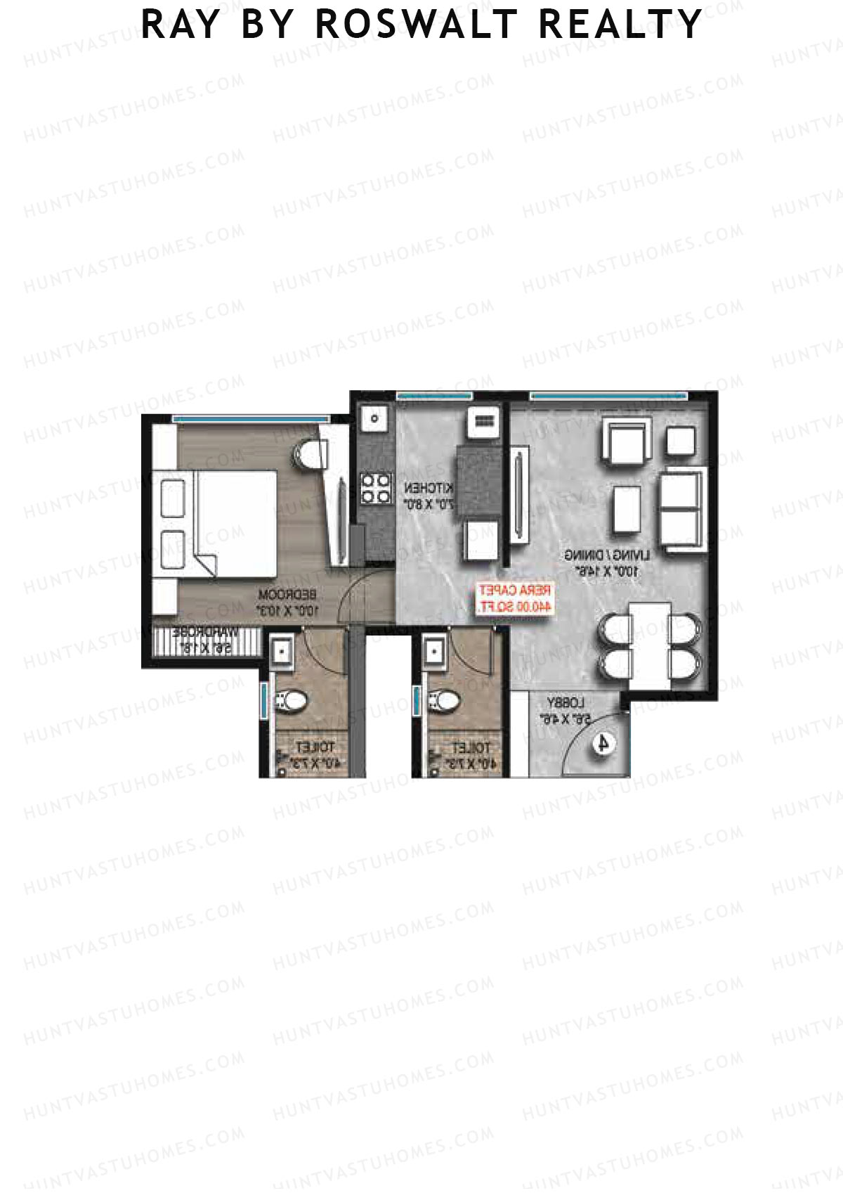 Ray by Roswalt Realty, Wing B, Unit 3, 1BHK, Carpet Area 440   sq ft 