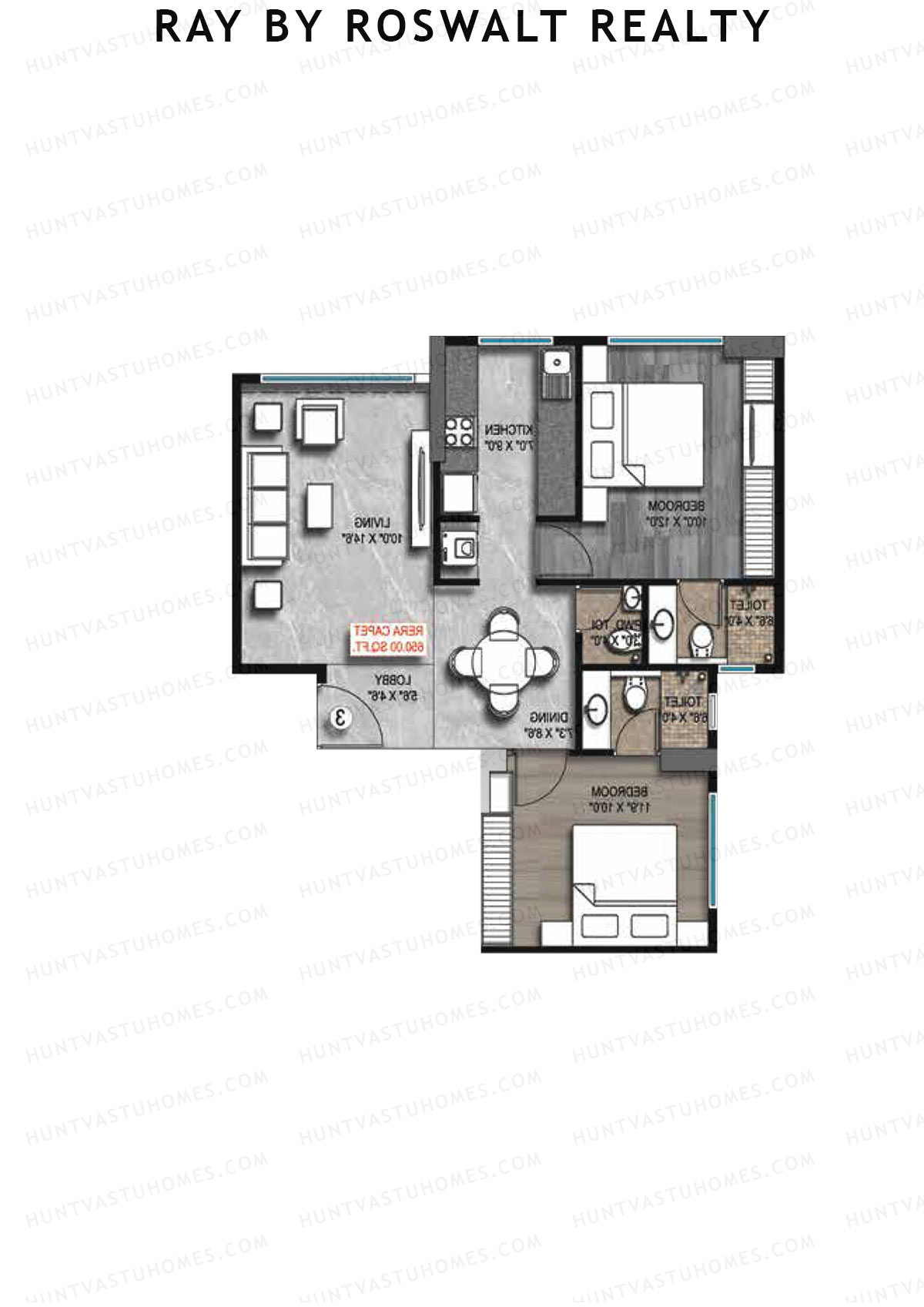 Ray by Roswalt Realty, Wing B, Unit 4, 2BHK, Carpet Area 650   sq ft 