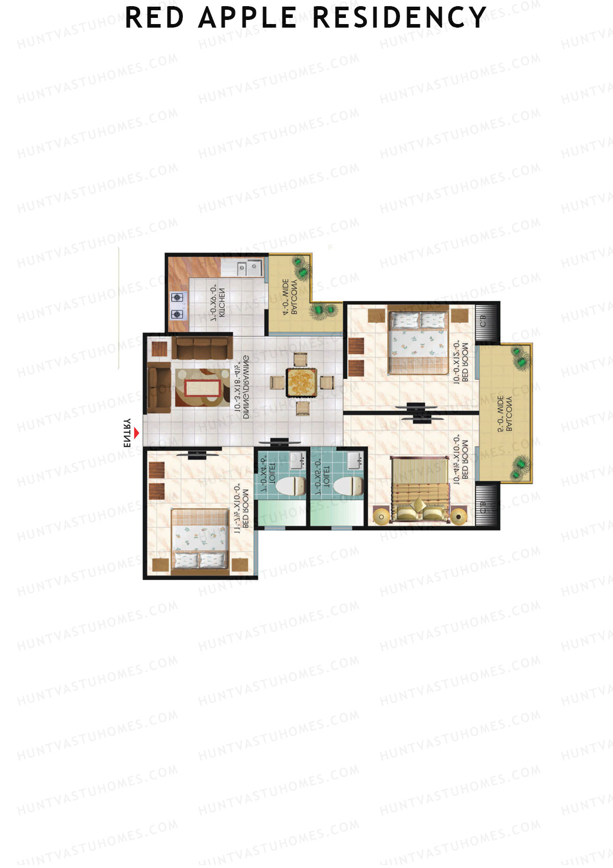 Red Apple Residency, Block A, Unit 1, 3BHK, Super Area 1150   sq ft 