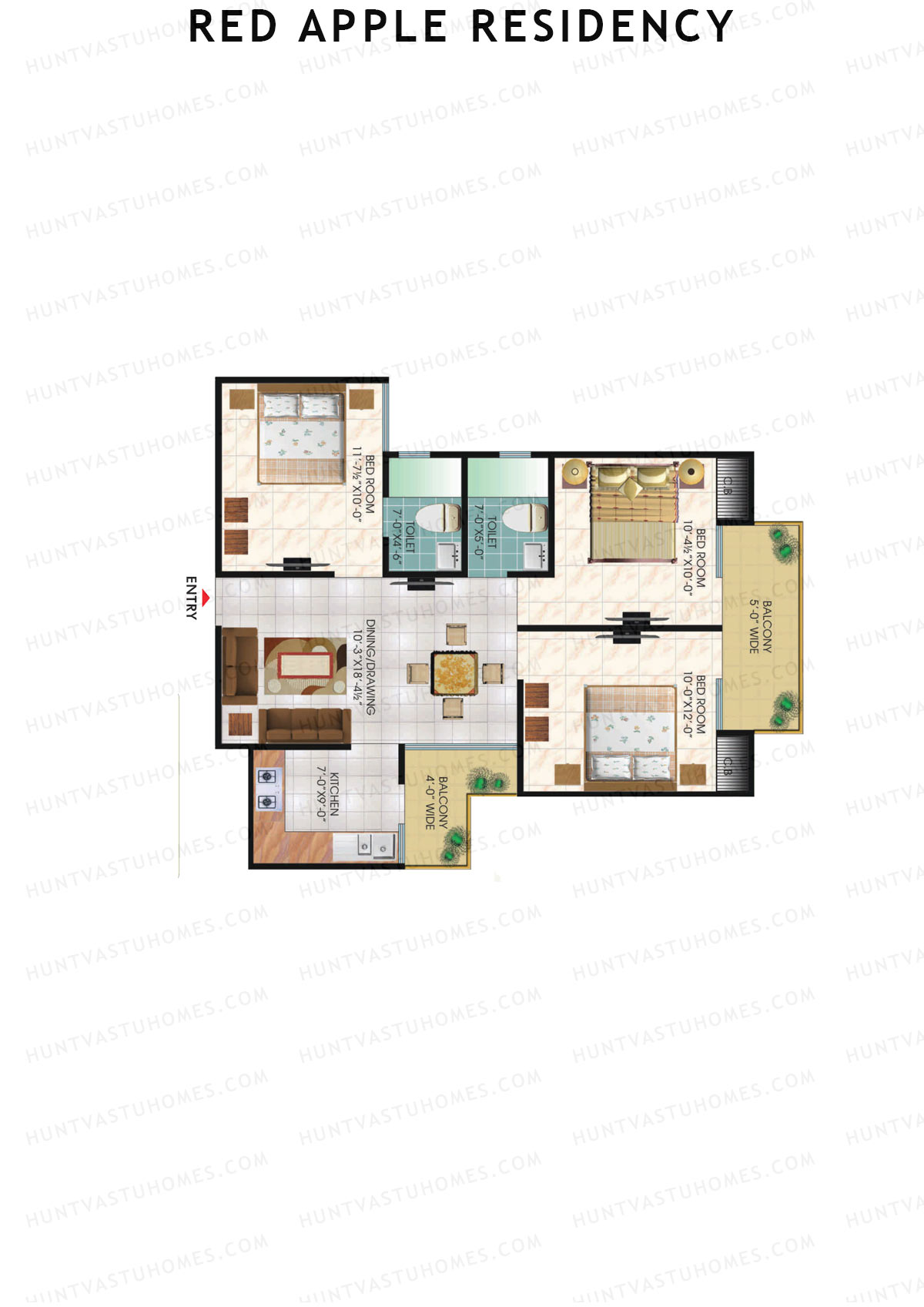 Red Apple Residency, Block A, Unit 2, 3BHK, Super Area 1150   sq ft 