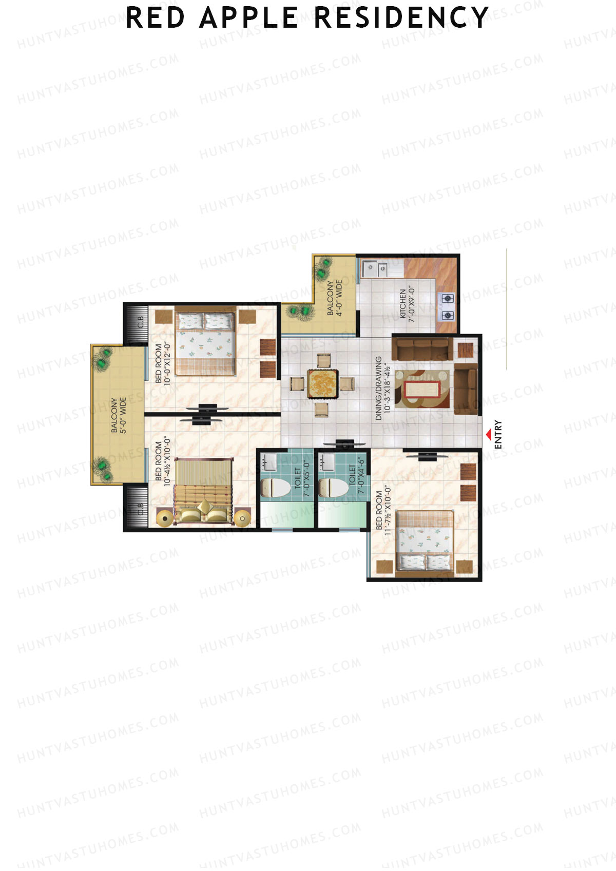 Red Apple Residency, Block A, Unit 8, 3BHK, Super Area 1150   sq ft 