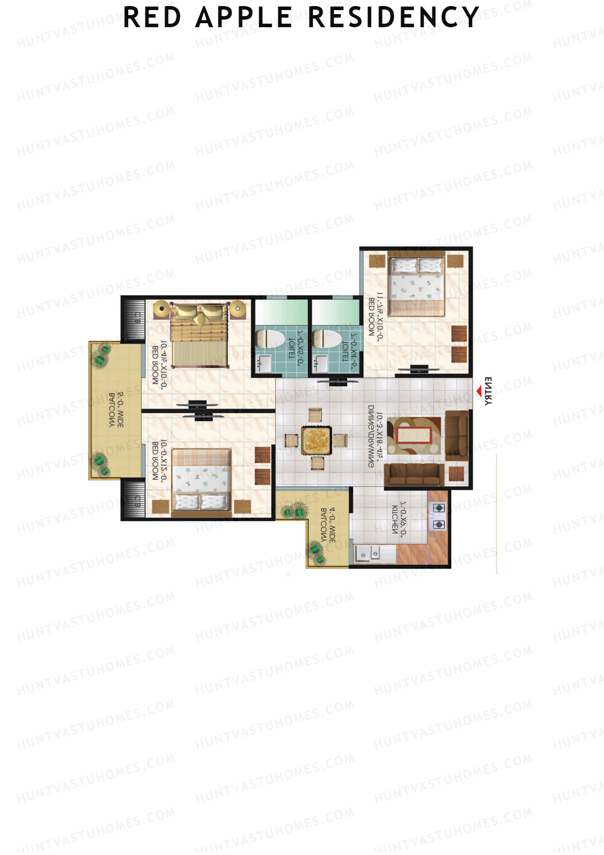 Red Apple Residency, Block A, Unit 9, 3BHK, Super Area 1150   sq ft 