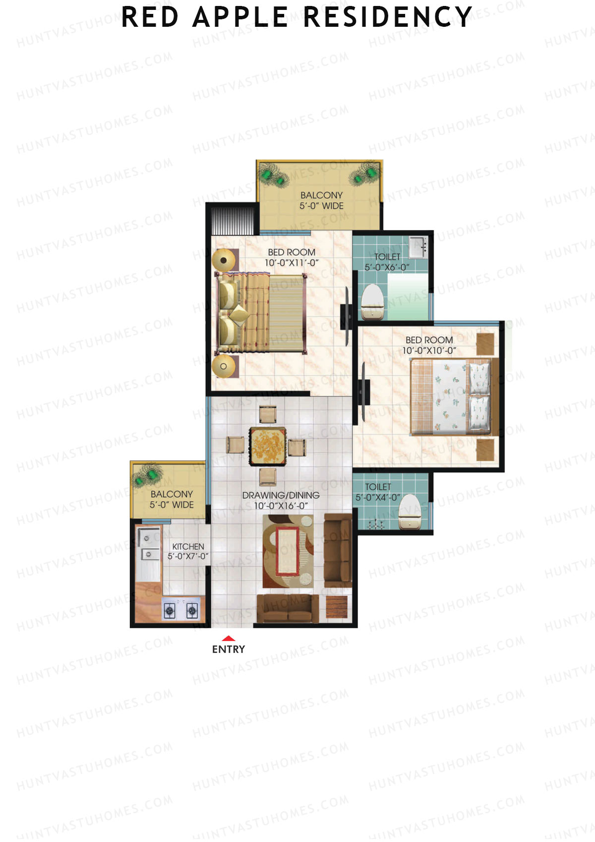 Red Apple Residency, Block B, Unit 2, 2BHK, Super Area 875   sq ft 