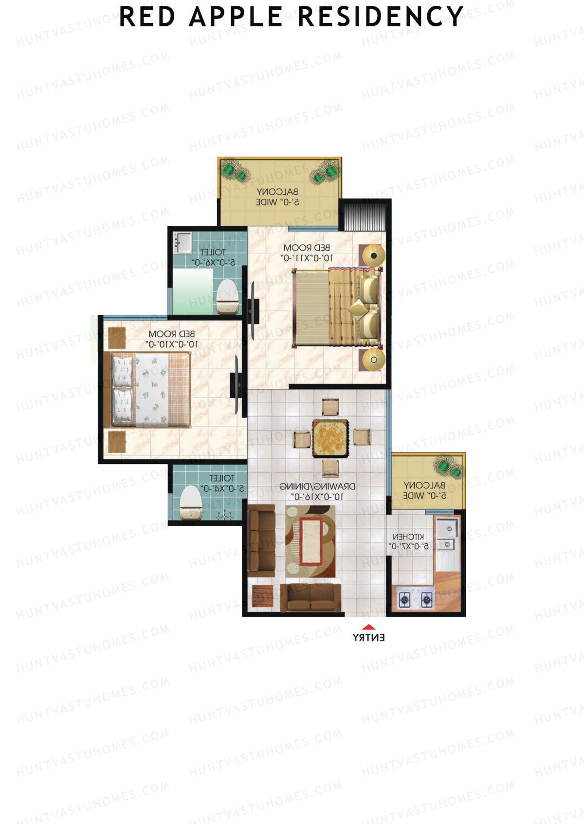 Red Apple Residency, Block B, Unit 5, 2BHK, Super Area 875   sq ft 