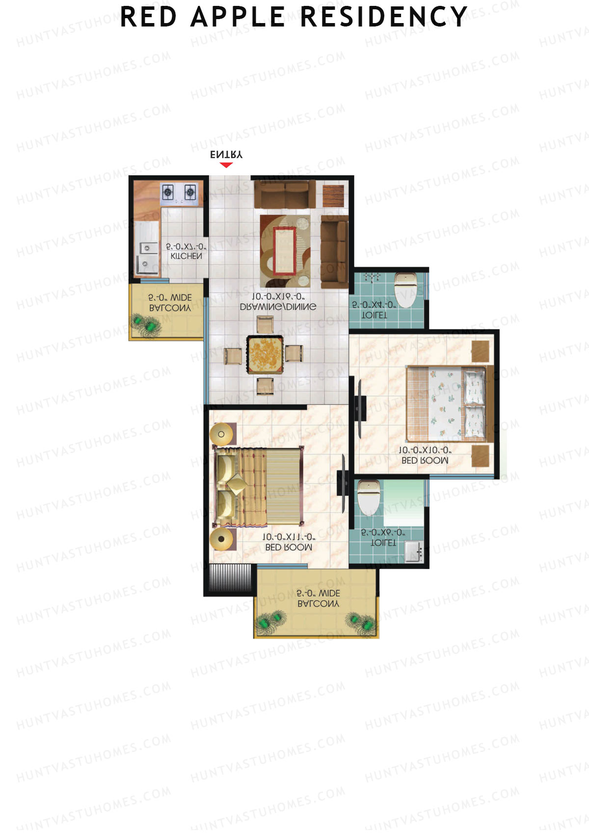 Red Apple Residency, Block B, Unit 7, 2BHK, Super Area 875   sq ft 