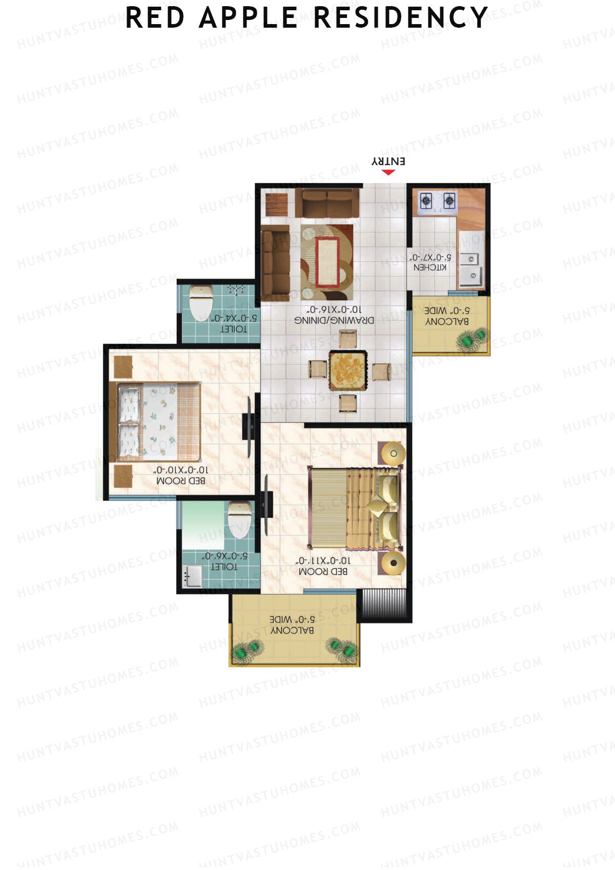 Red Apple Residency, Block C, Unit 6, 2BHK, Super Area 875   sq ft 
