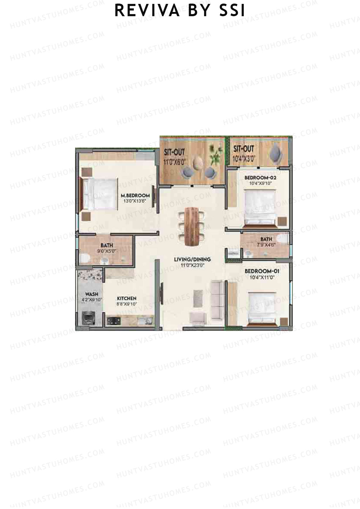 Reviva By SSI, Bliss, Unit B13, 3BHK, Super Area 1400   sq ft 