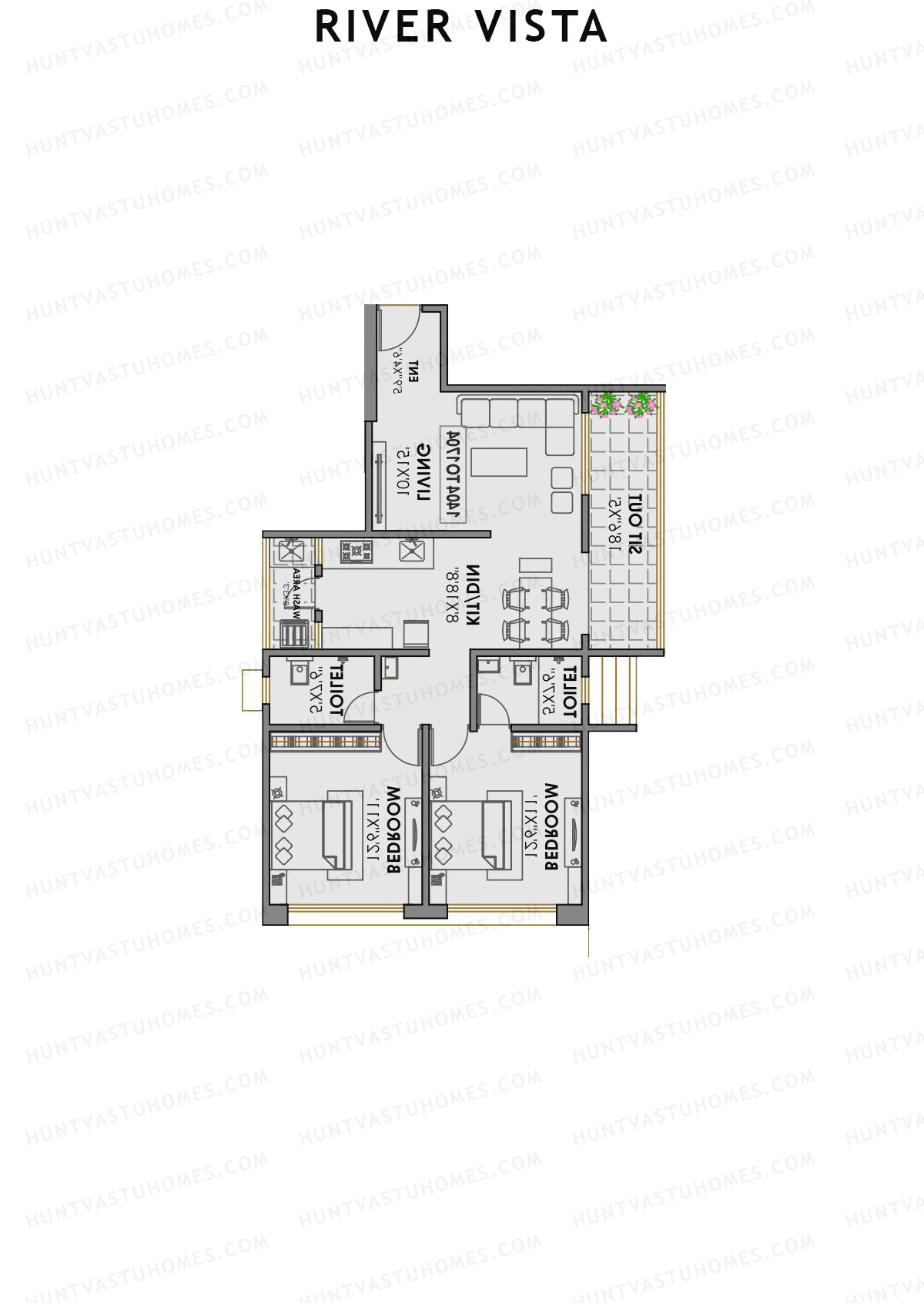 River Vista, River Vista, Unit 1, 2BHK, Carpet Area 880   sq ft 