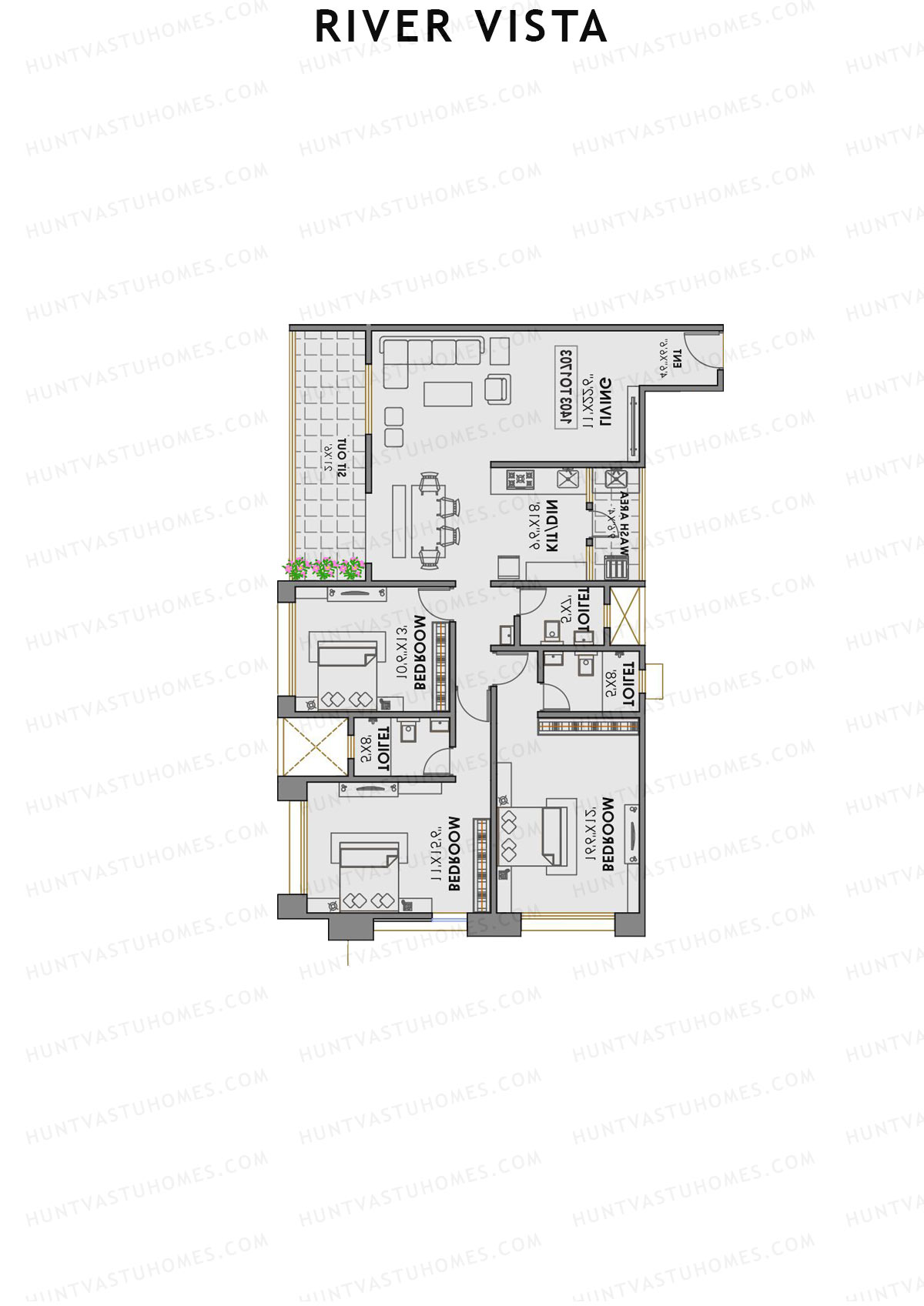 River Vista, River Vista, Unit 2, 3BHK, Carpet Area 1386   sq ft 