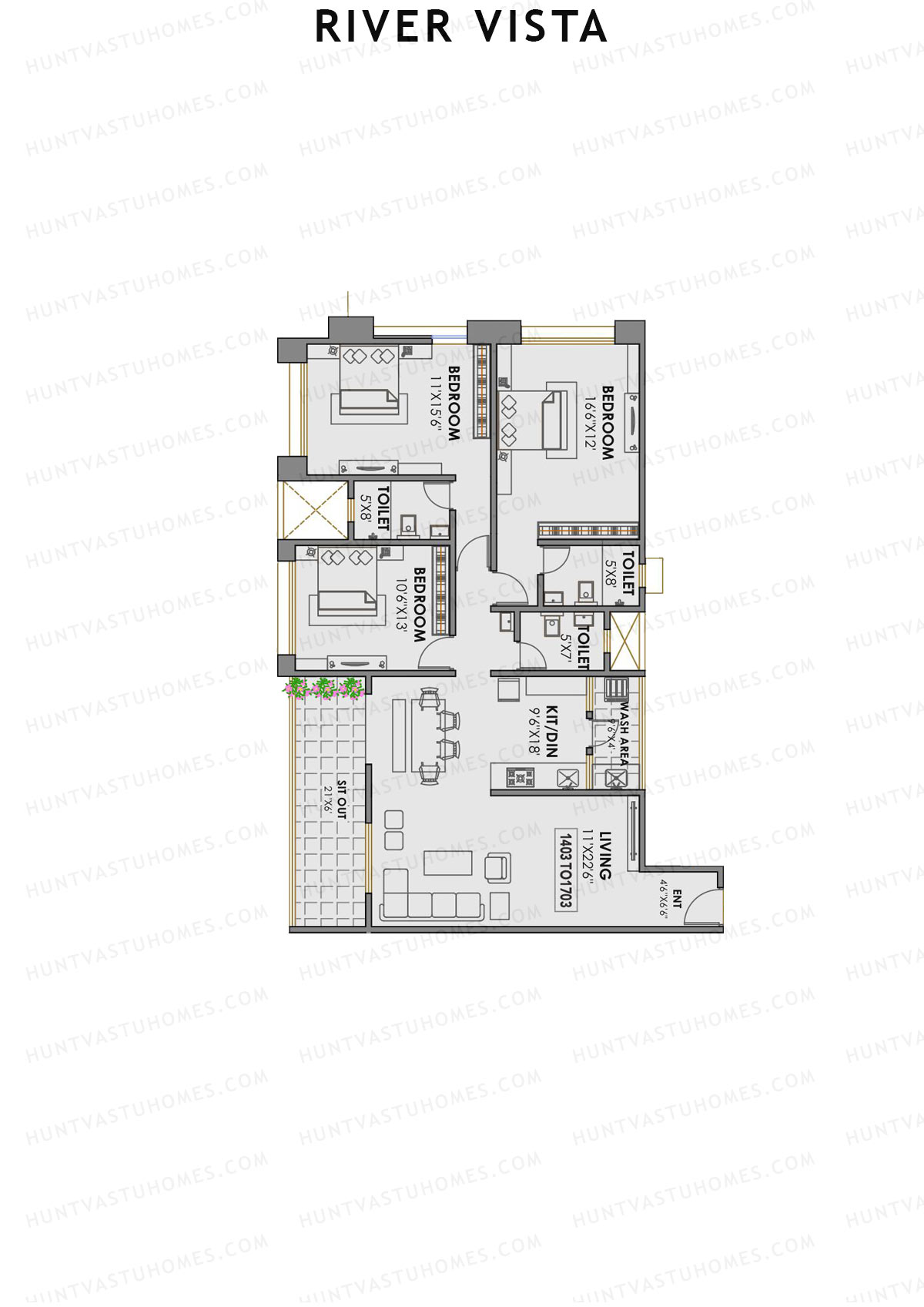 River Vista, River Vista, Unit 3, 3BHK, Carpet Area 1386   sq ft 