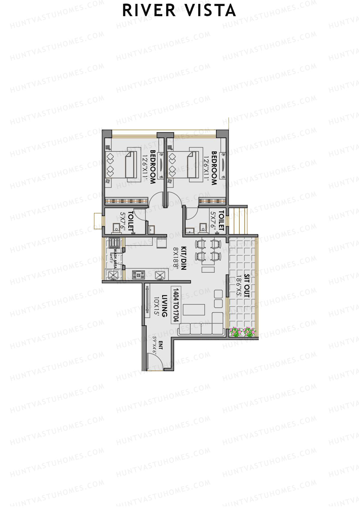River Vista, River Vista, Unit 4, 2BHK, Carpet Area 880   sq ft 