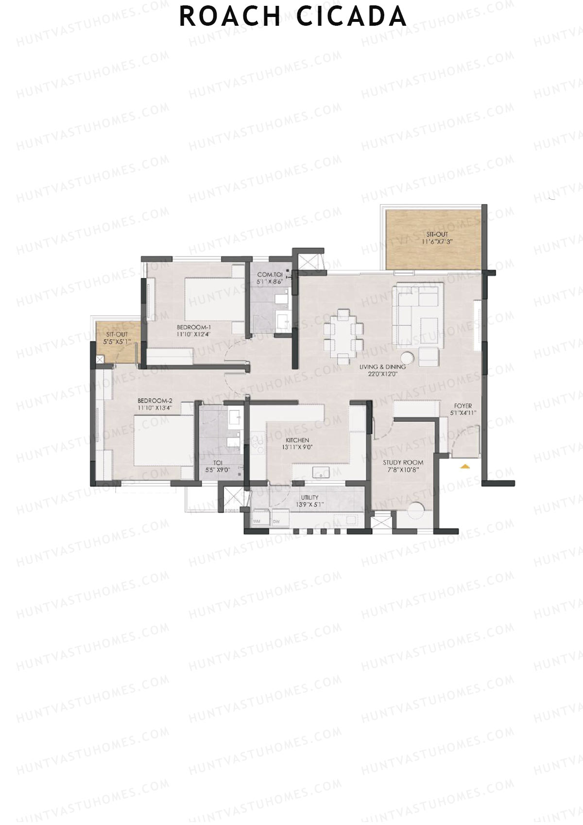 Roach Cicada, Tower A, Unit 1, 2BHK, Super Area 1899   sq ft 
