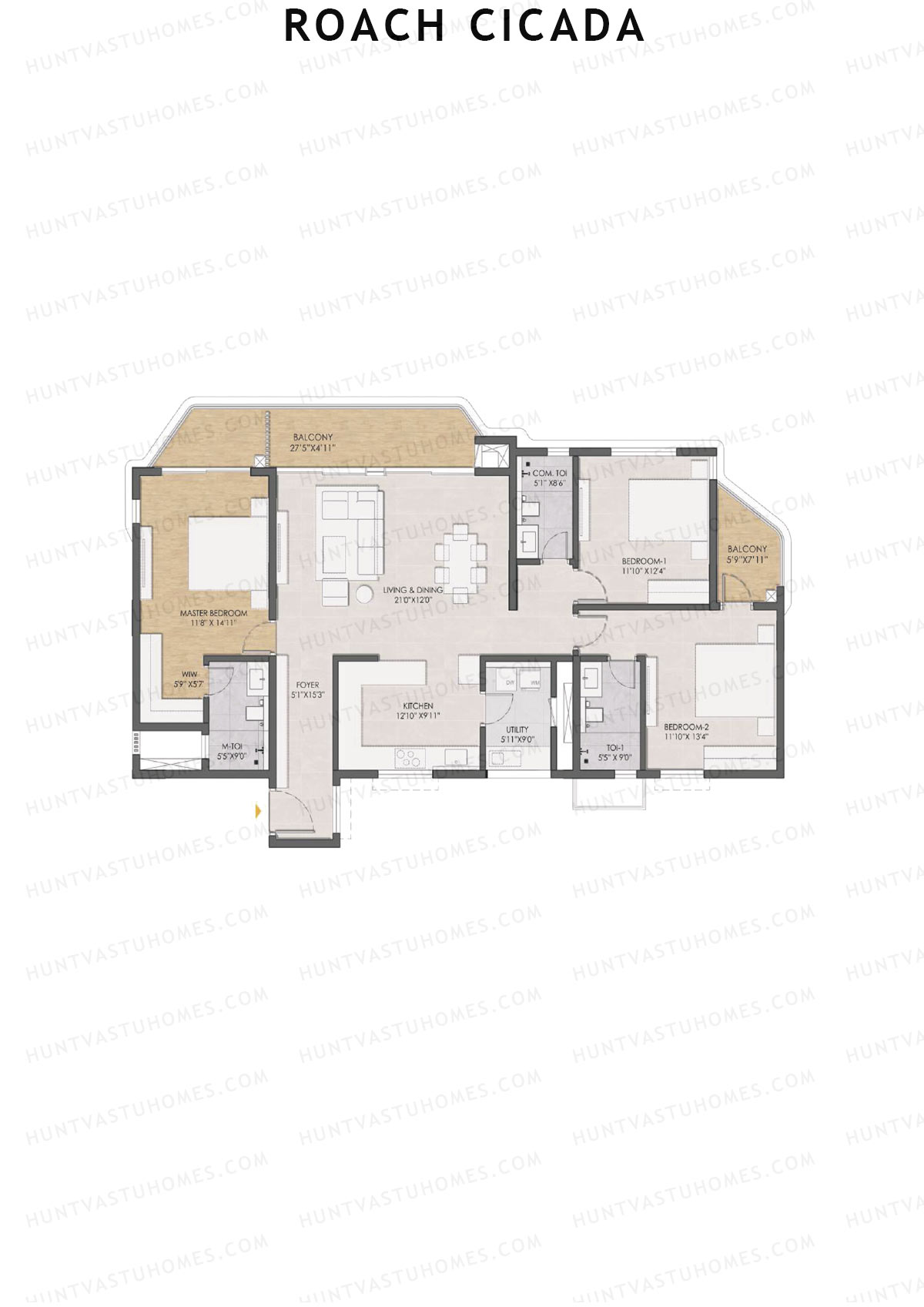 Roach Cicada, Tower B, Unit 2, 3BHK, Super Area 2215   sq ft 