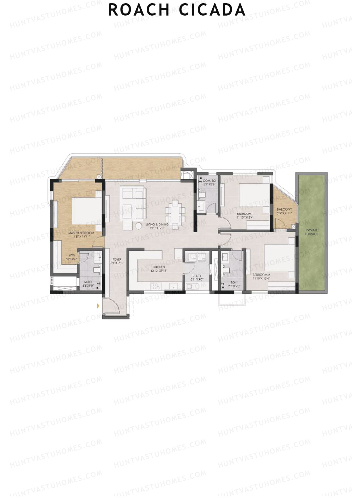 Roach Cicada, Tower B, Unit 2, 3BHK, Super Area 2271   sq ft 