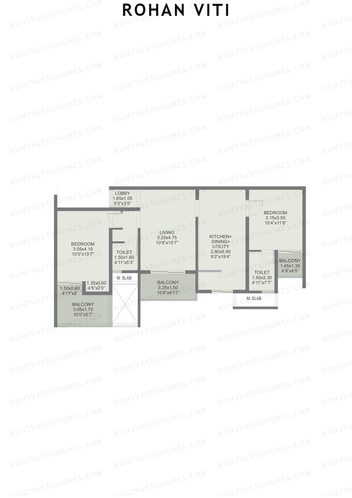 Rohan VITI, Wing A, Unit 2, 2BHK, Carpet Area 785   sq ft 