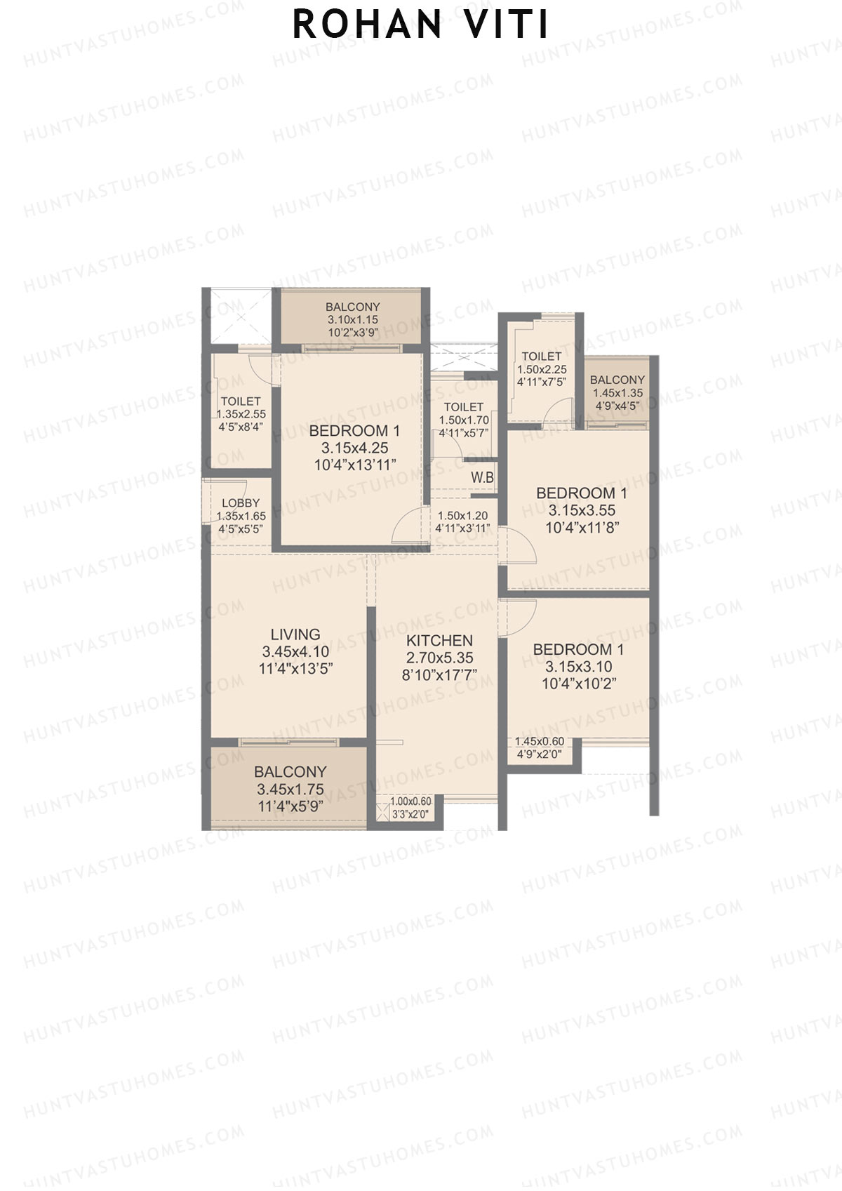 Rohan VITI, Wing B, Unit 1, 3BHK, Carpet Area 1059   sq ft 