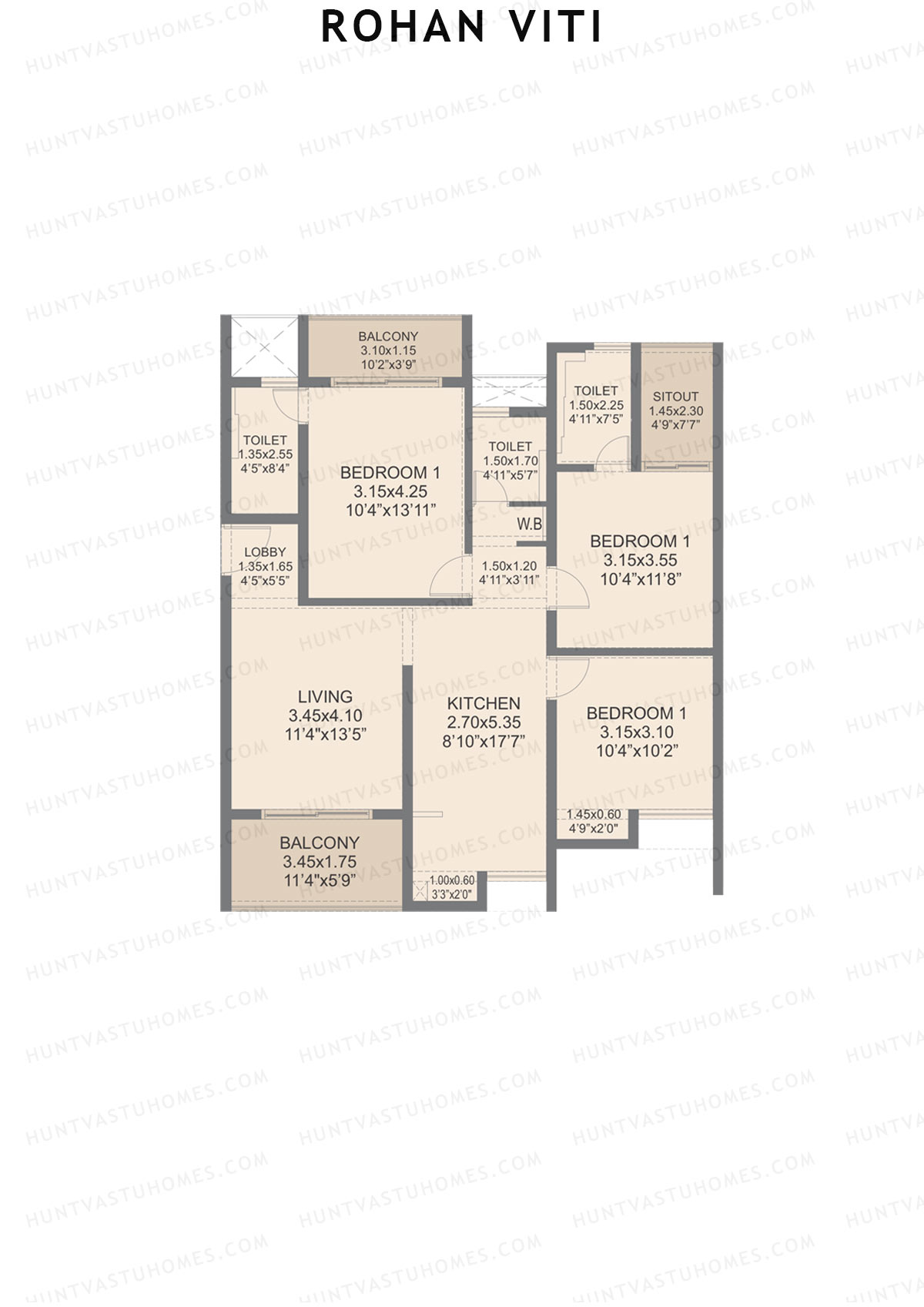 Rohan VITI, Wing B, Unit 1, 3BHK, Carpet Area 1075   sq ft 