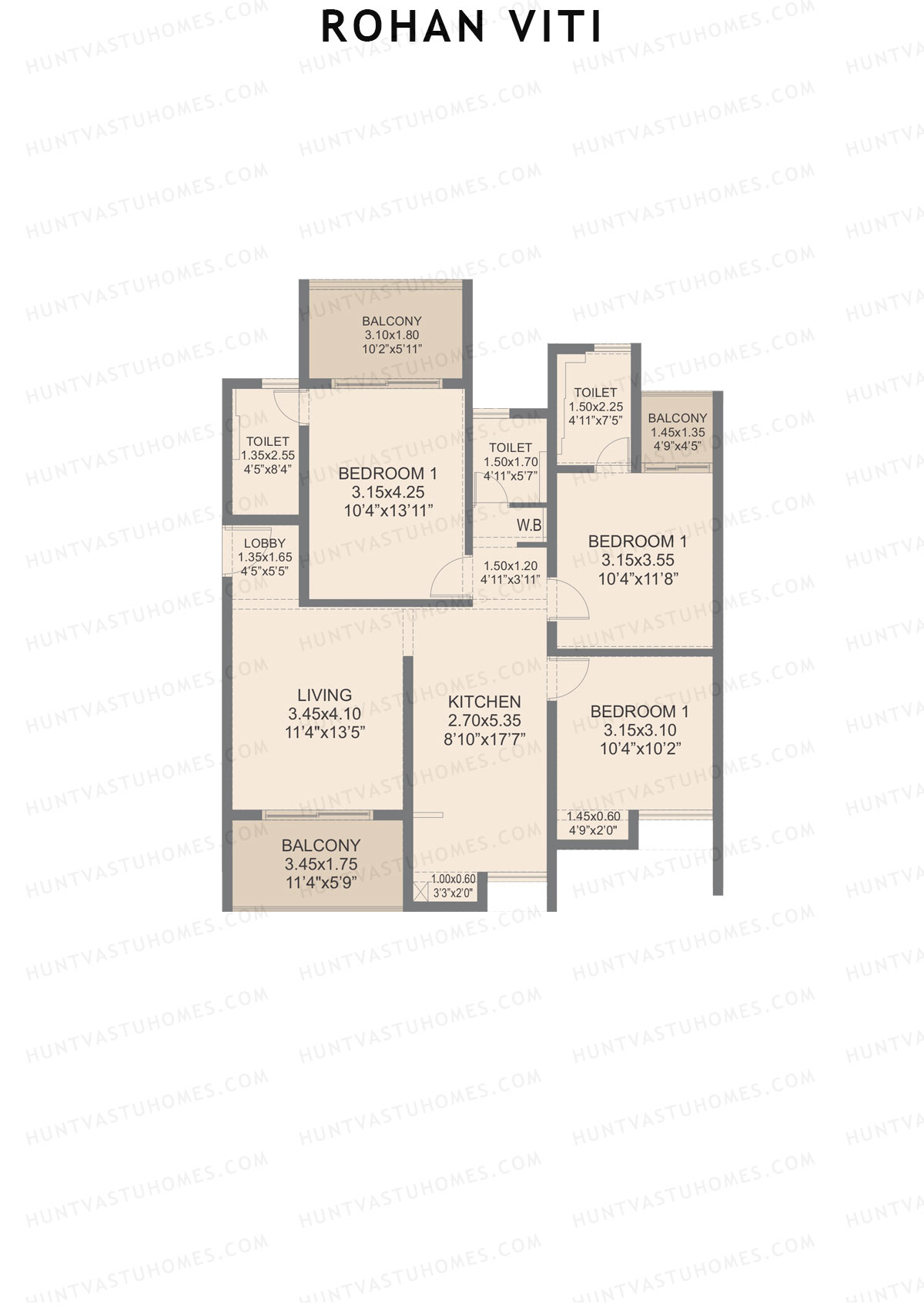 Rohan VITI, Wing B, Unit 1, 3BHK, Carpet Area 1080   sq ft 