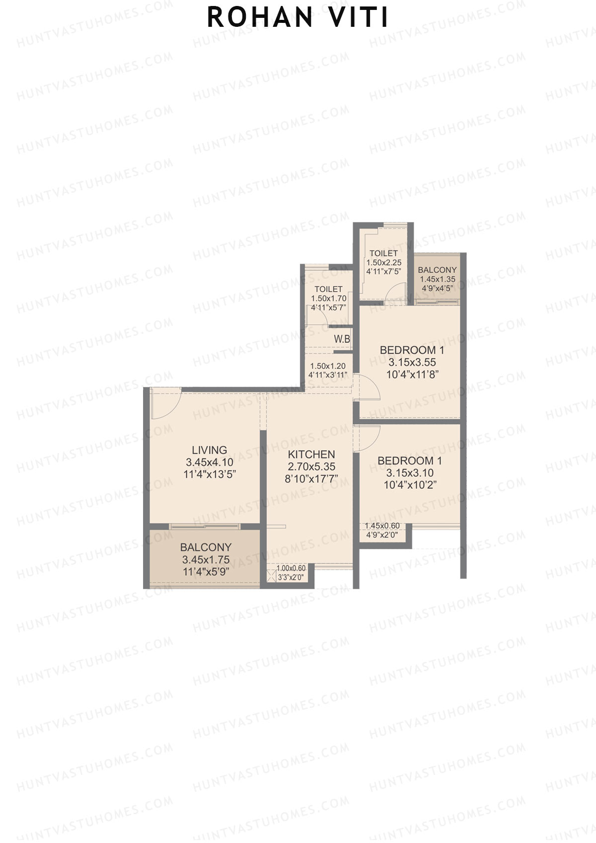 Rohan VITI, Wing B, Unit 1, 2BHK, Carpet Area 810   sq ft 