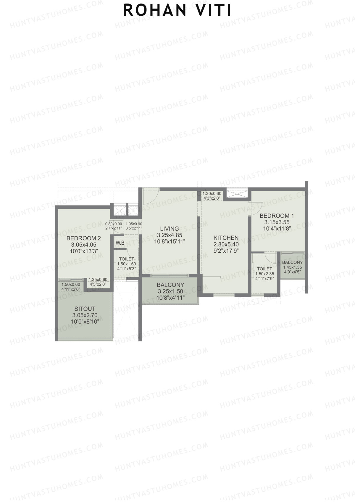 Rohan VITI, Wing B, Unit 2, 2BHK, Carpet Area 927   sq ft 