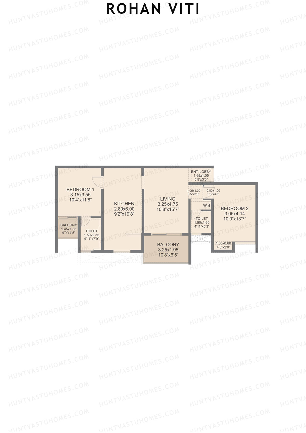Rohan VITI, Wing B, Unit 3, 2BHK, Carpet Area 870   sq ft 