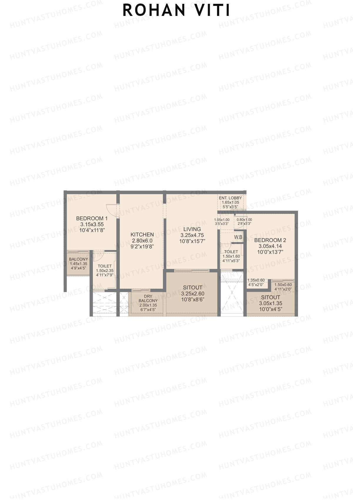 Rohan VITI, Wing B, Unit 3, 2BHK, Carpet Area 992   sq ft 