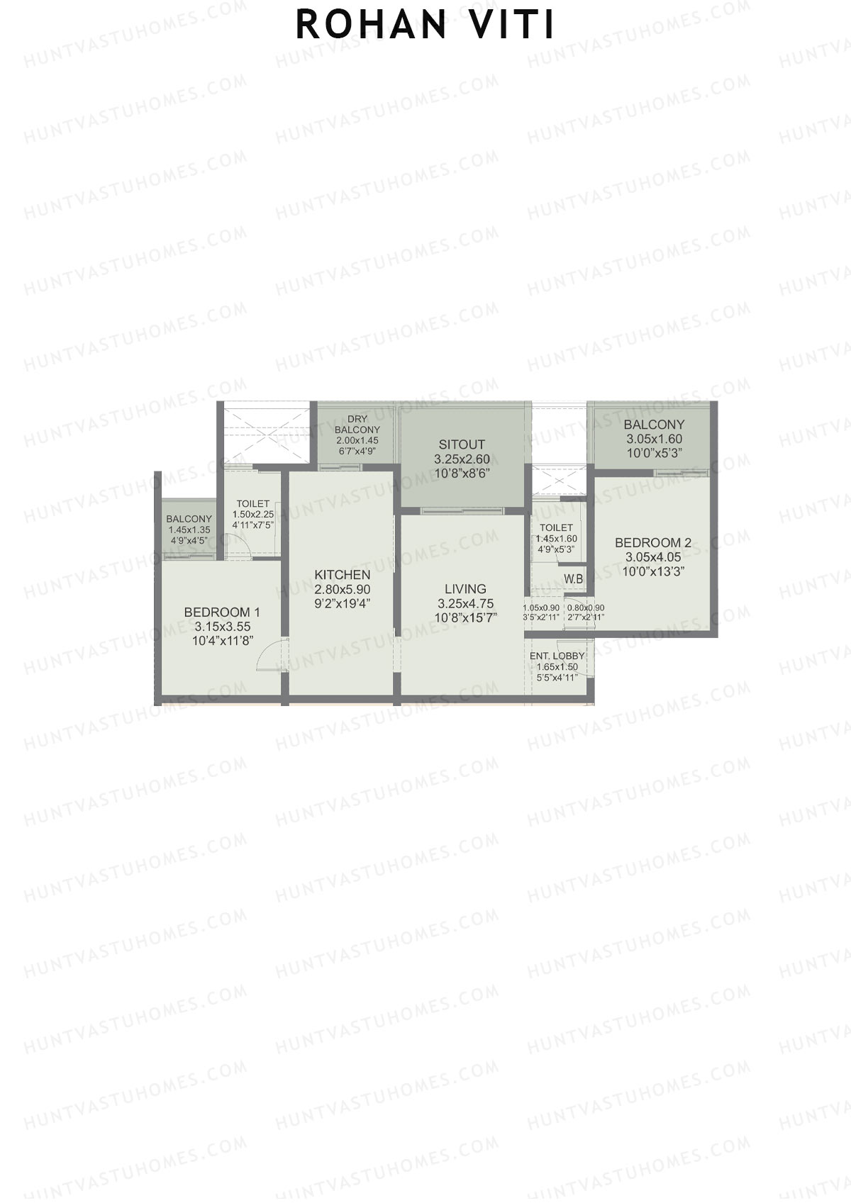 Rohan VITI, Wing B, Unit 4, 2BHK, Carpet Area 981   sq ft 