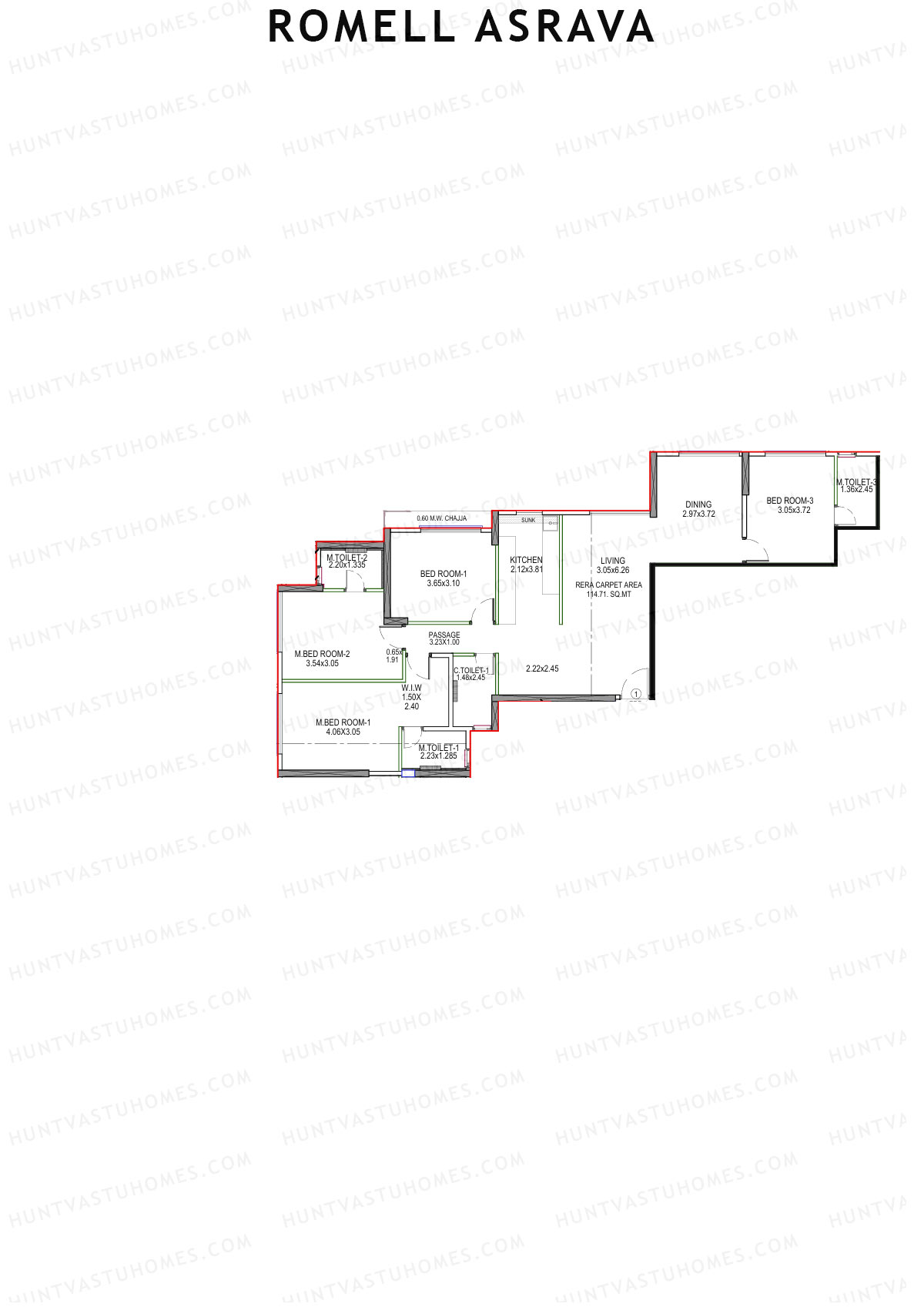 Romell Asrava, Wing A, Unit 1, 4BHK, Carpet Area 1234   sq ft 