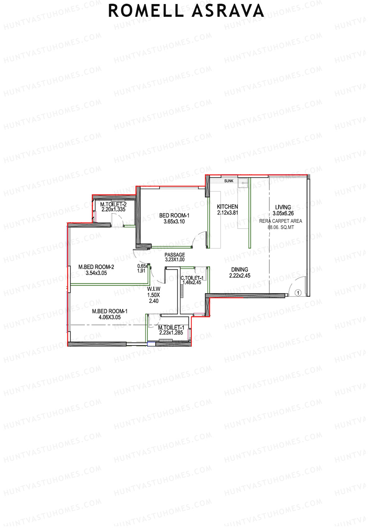 Romell Asrava, Wing A, Unit 1, 3BHK, Carpet Area 947   sq ft 