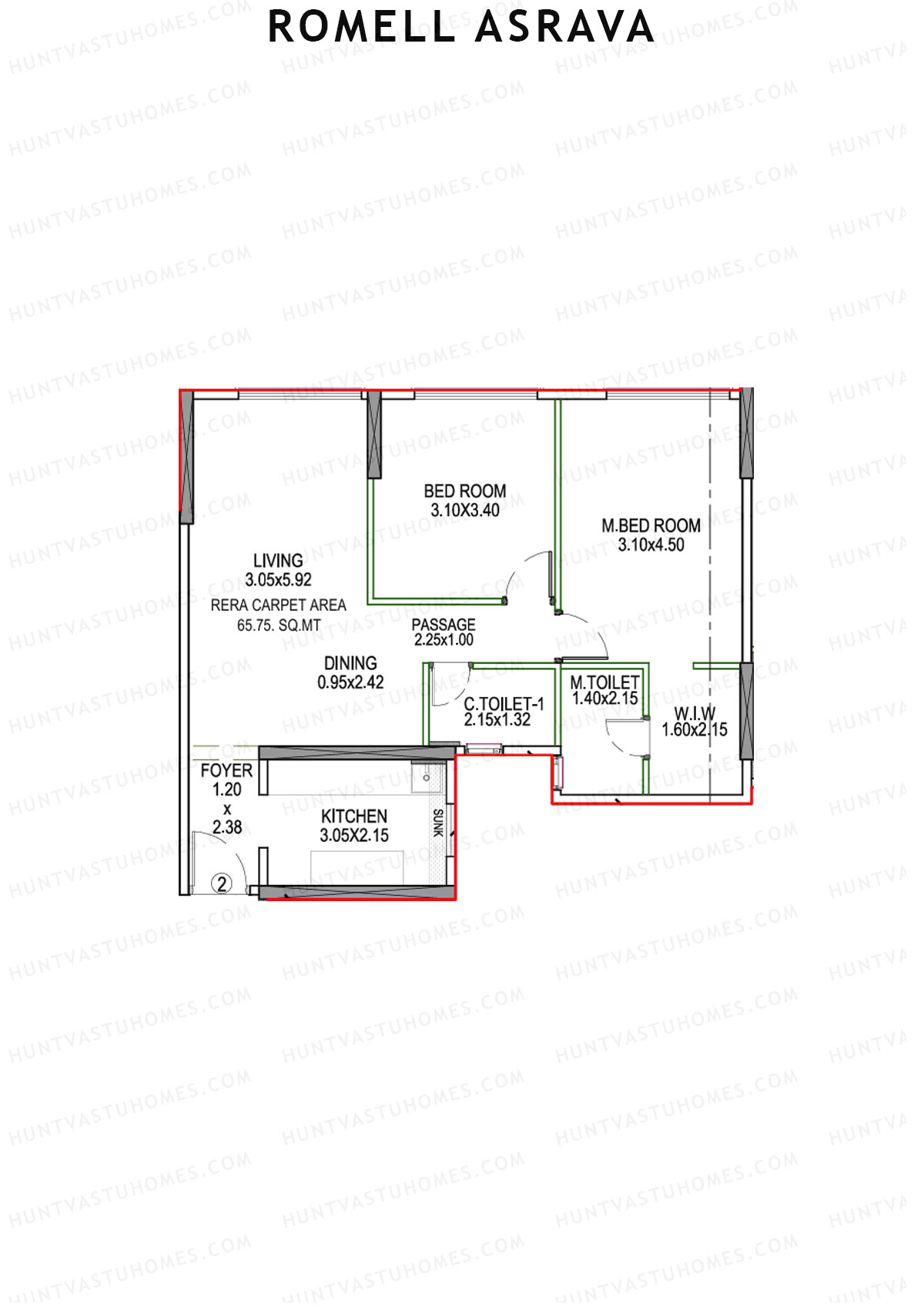 Romell Asrava, Wing A, Unit 2, 2BHK, Carpet Area 729   sq ft 